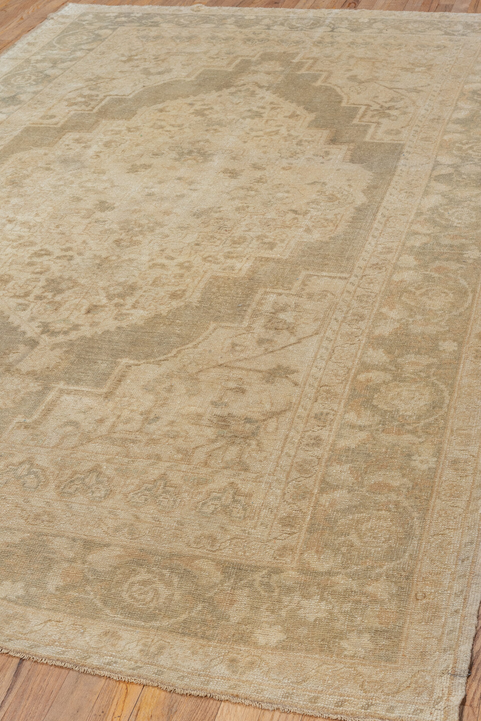 6' x 10' one-of-a-kind handmade vintage Oushak large size rug. Color palette: ivory, beige, taupe, sand, greige, gray