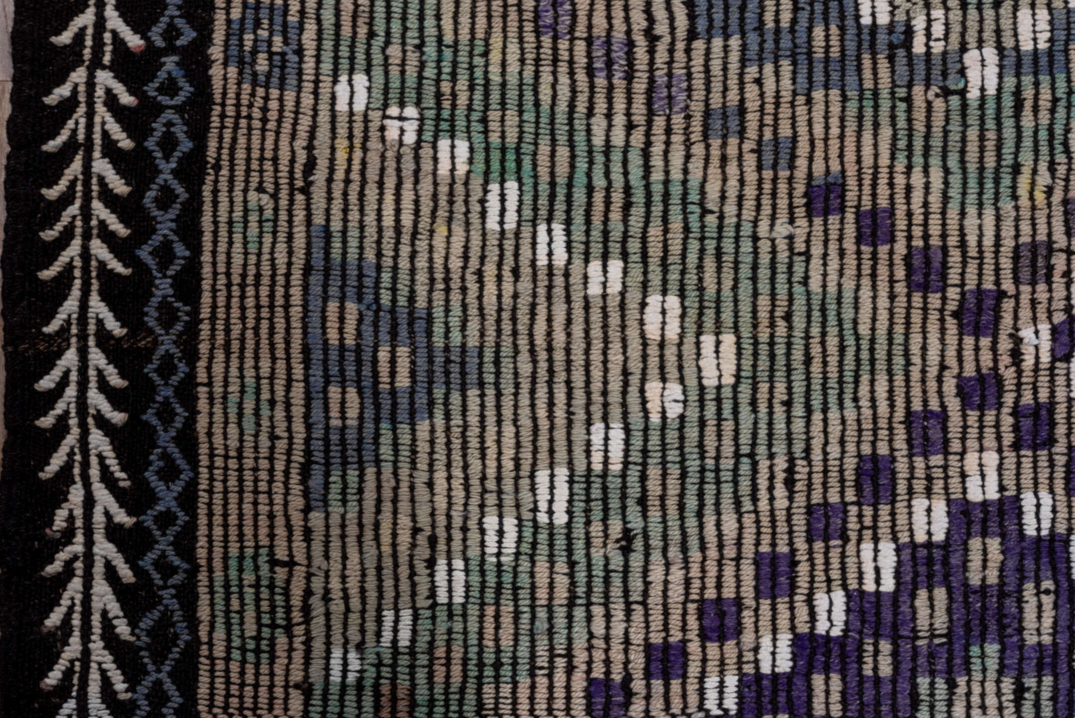 6' x 11' one-of-a-kind handmade vintage Jijim large size rug. Color palette: taupe, indigo, ivory, violet, sage, brown