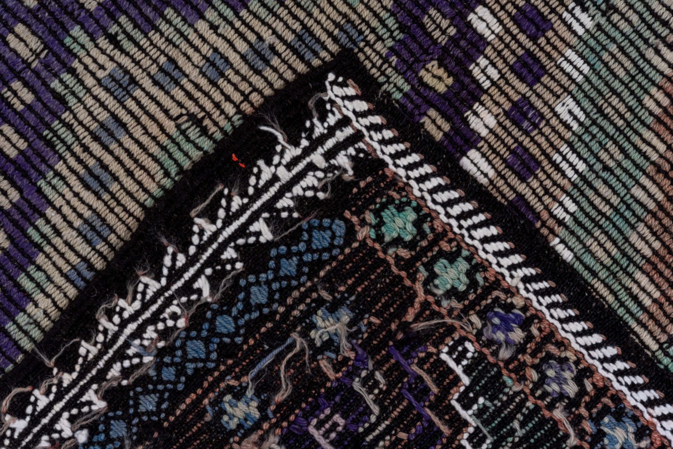 6' x 11' one-of-a-kind handmade vintage Jijim large size rug. Color palette: taupe, indigo, ivory, violet, sage, brown