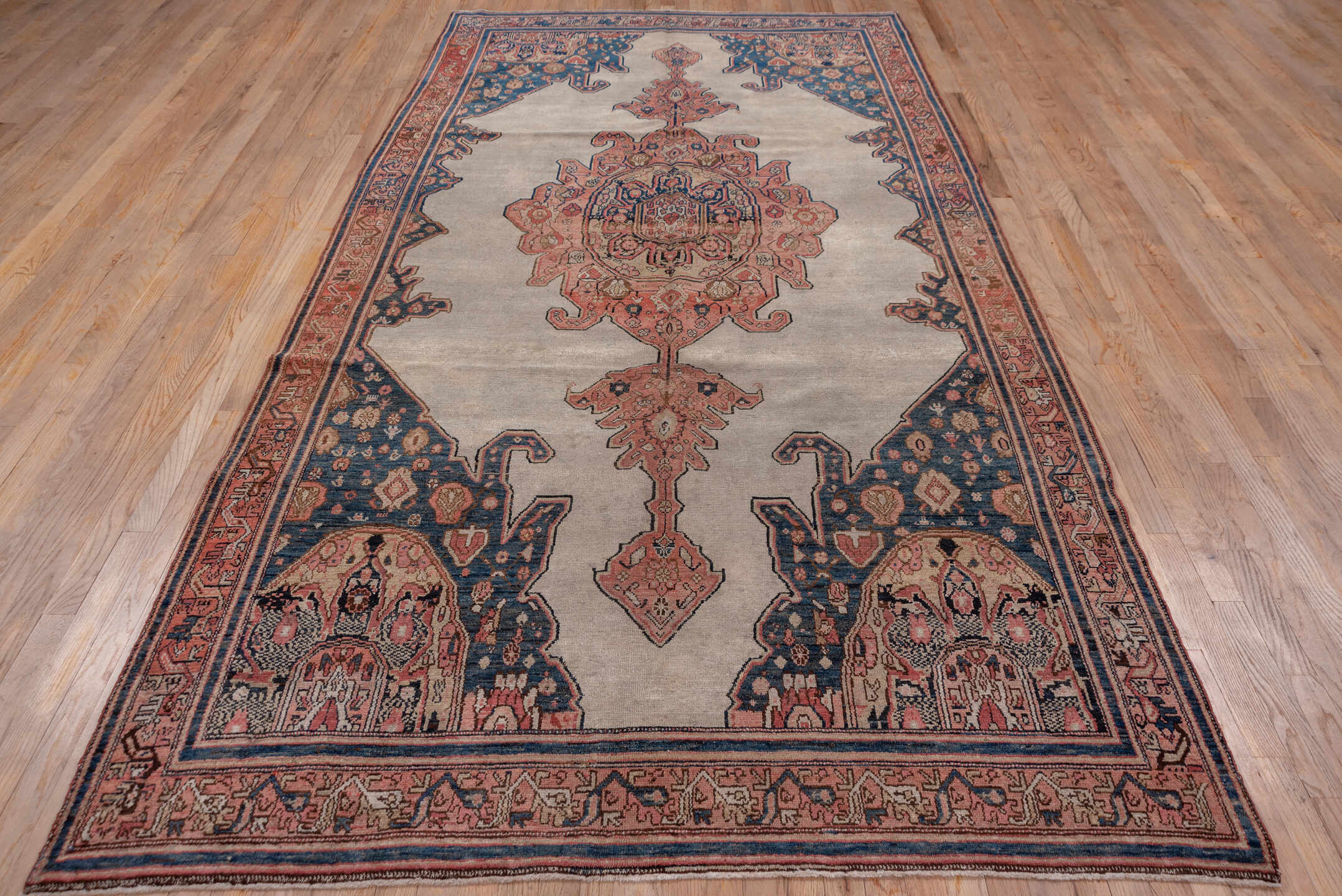 6' x 11' one-of-a-kind handmade antique Malayer large size rug. Color palette: ivory, rose, navy, rust, slate, taupe, camel