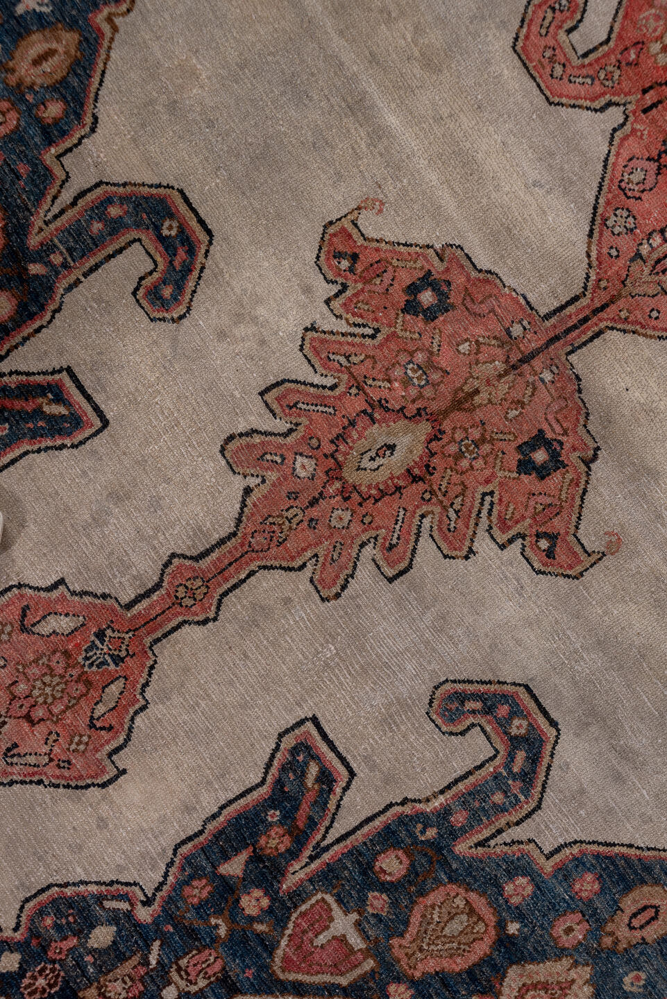 6' x 11' one-of-a-kind handmade antique Malayer large size rug. Color palette: ivory, rose, navy, rust, slate, taupe, camel