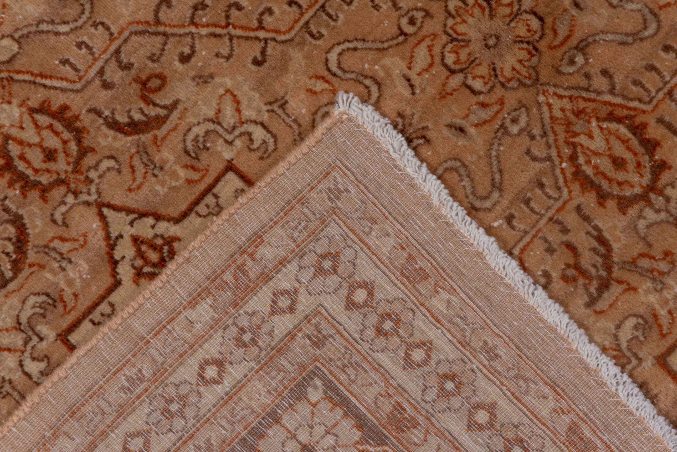 8' x 9' one-of-a-kind handmade vintage Agra rug. Color palette: terra cotta, camel, ivory, rust, taupe, brown, terracotta
