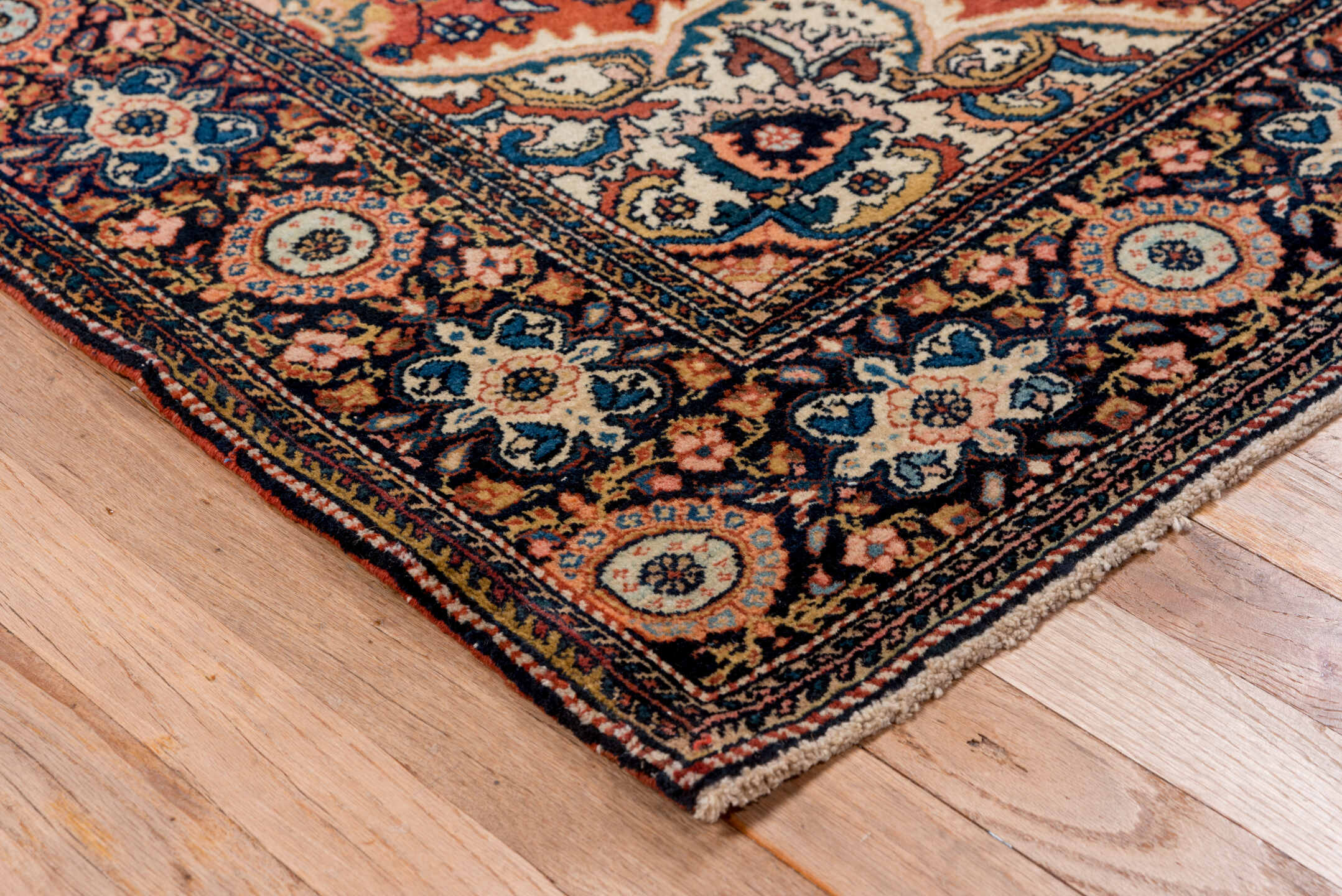 4' x 6' one-of-a-kind handmade antique Far.Sarouk small size rug. Color palette: rust, navy, ivory, soft blue, rose, camel