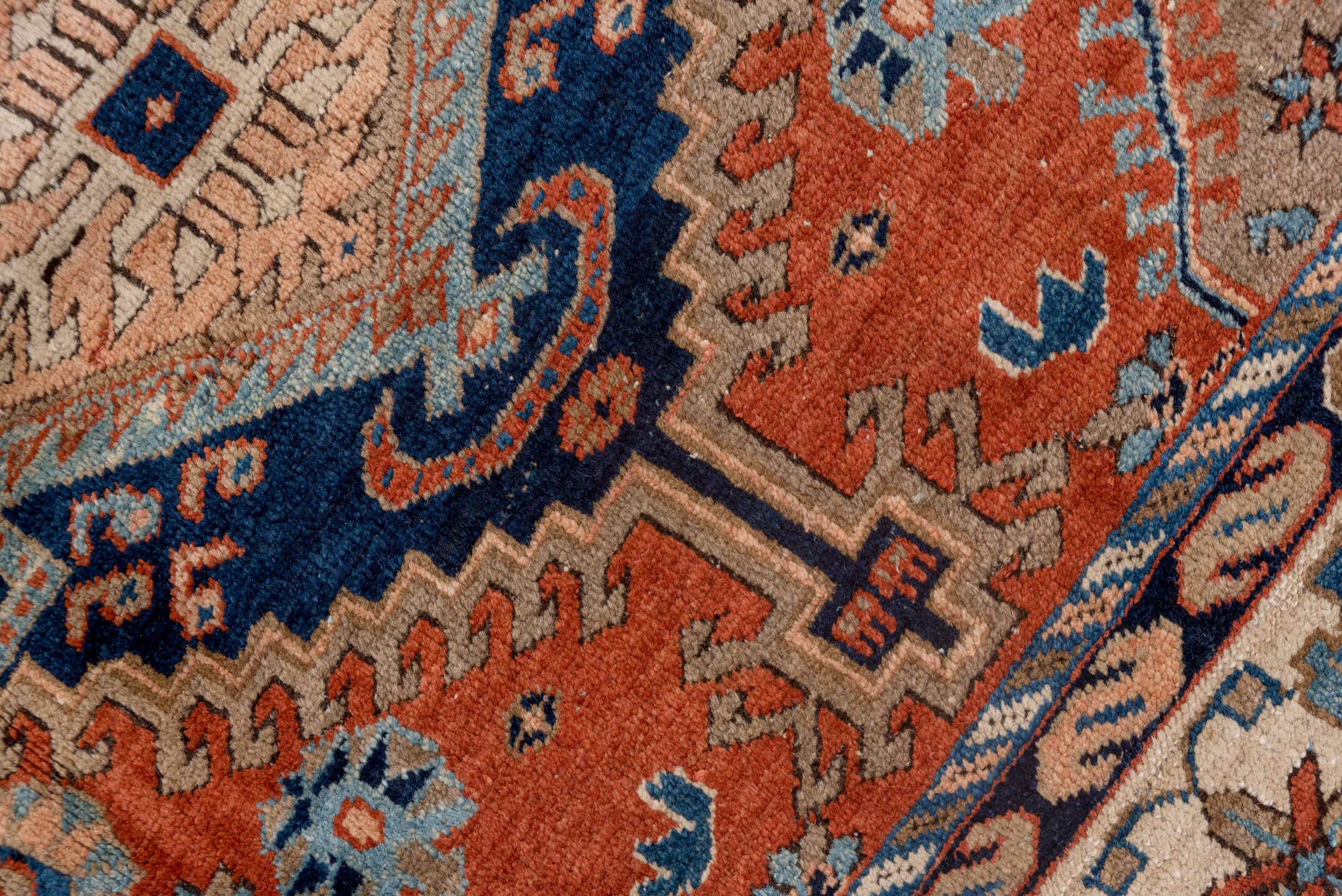 7' x 9' one-of-a-kind handmade vintage Heriz rug. Color palette: blue, brown, dim gray, gray, light gray, off-white, pink