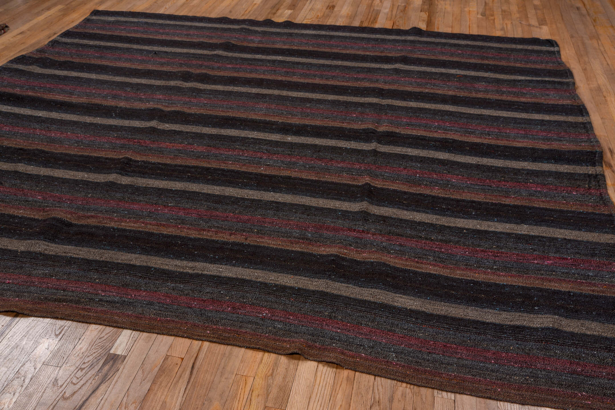 9' x 10' one-of-a-kind handmade vintage Kilim large size rug. Color palette: black, brown, gray, pink, red, rosy brown