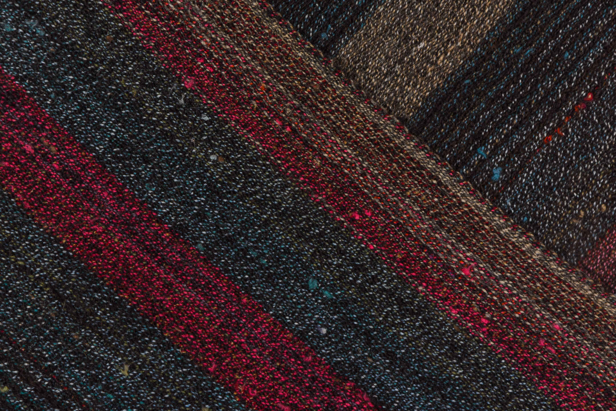9' x 10' one-of-a-kind handmade vintage Kilim large size rug. Color palette: charcoal, taupe, brown, rust, slate, gray