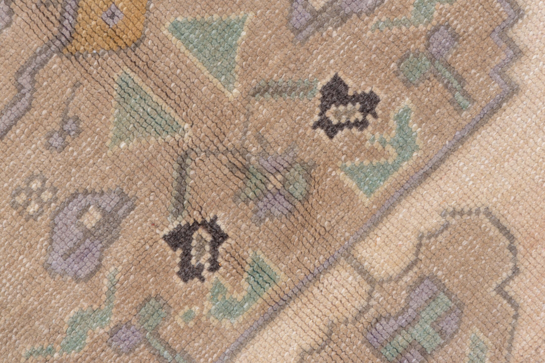 6' x 8' one-of-a-kind handmade vintage Oushak medium size rug. Color palette: ivory, taupe, beige, sage, pale blue, camel
