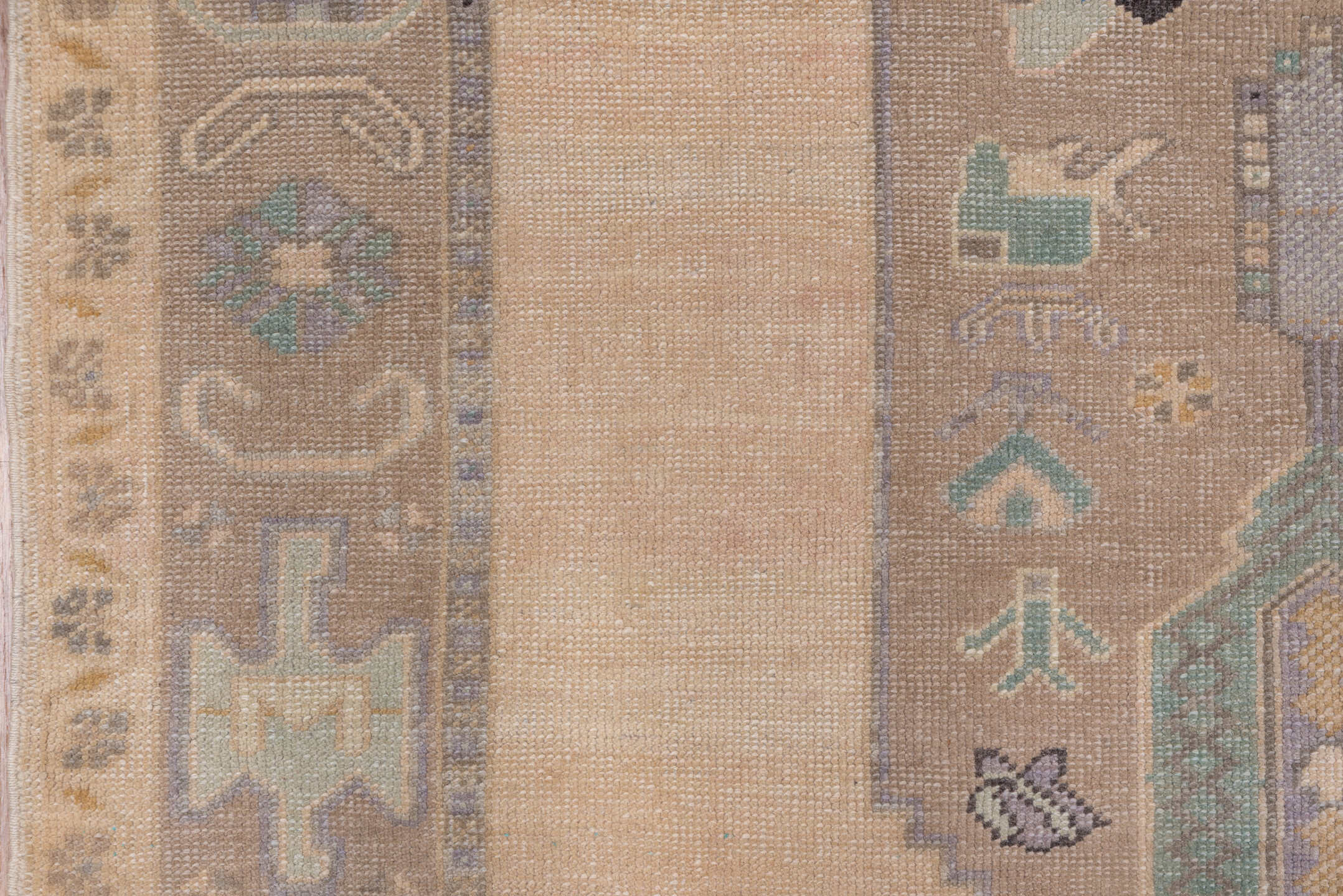 6' x 8' one-of-a-kind handmade vintage Oushak medium size rug. Color palette: ivory, taupe, beige, sage, pale blue, camel