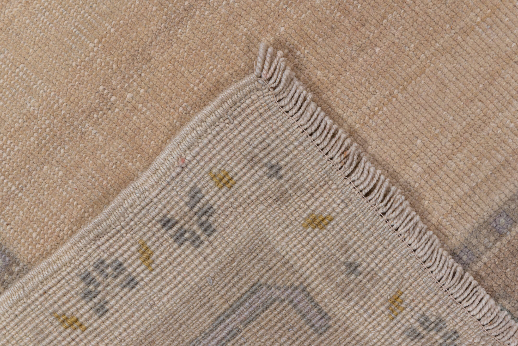 6' x 8' one-of-a-kind handmade vintage Oushak medium size rug. Color palette: ivory, taupe, beige, sage, pale blue, camel