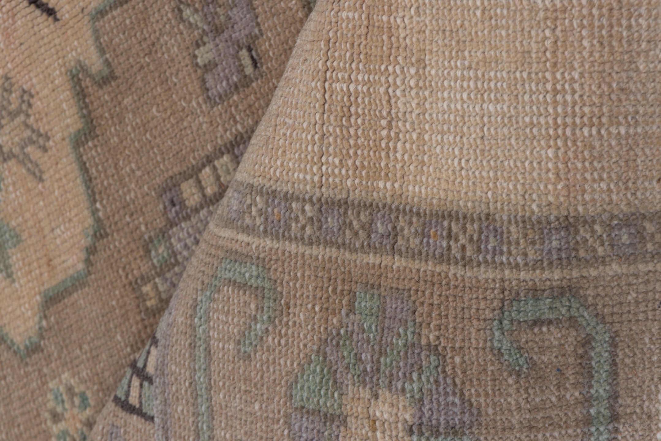 6' x 8' one-of-a-kind handmade vintage Oushak medium size rug. Color palette: ivory, taupe, beige, sage, pale blue, camel
