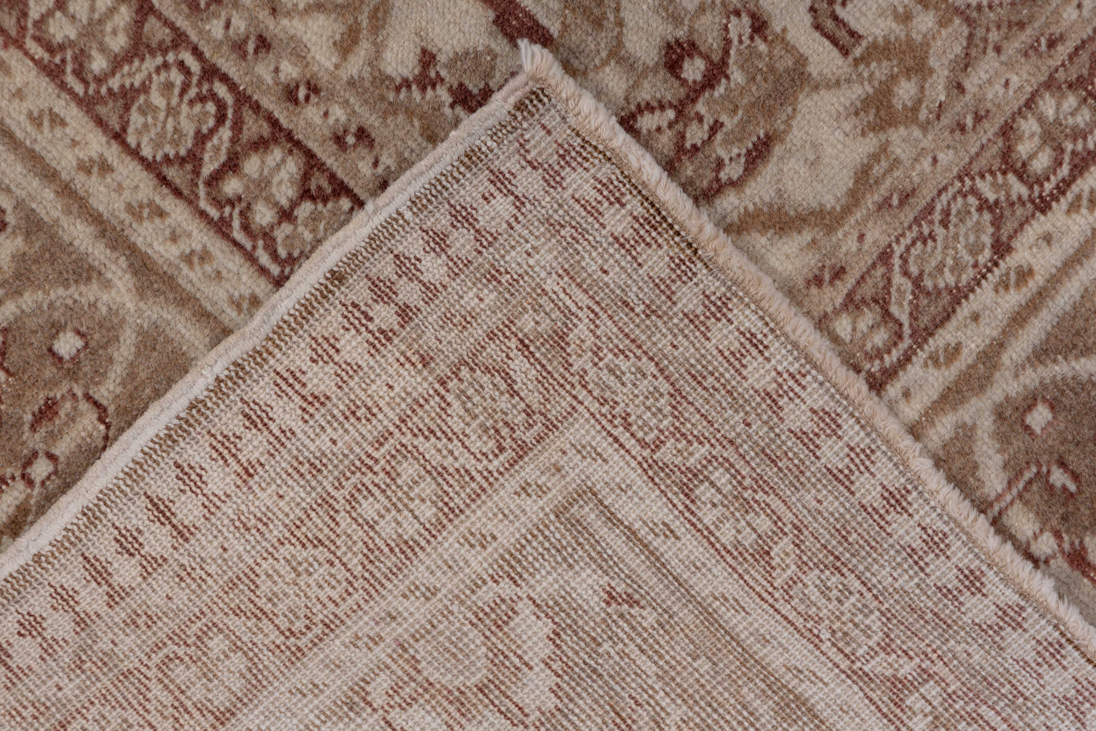 6' x 9' one-of-a-kind handmade antique Kaisary medium size rug. Color palette: taupe, ivory, rose, camel, beige, gray, pink