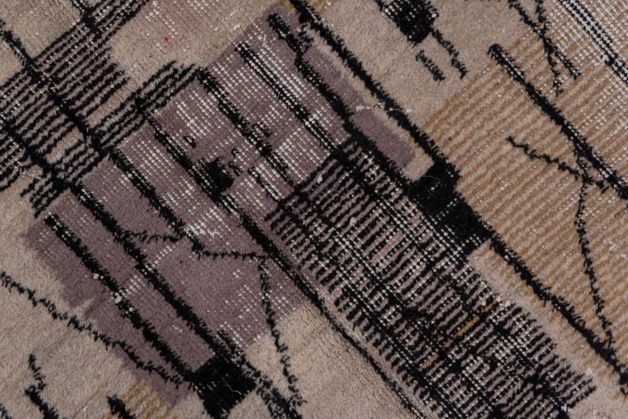 6' x 10' one-of-a-kind handmade vintage Art Deco large size rug. Color palette: ivory, charcoal, taupe, lavender, blush