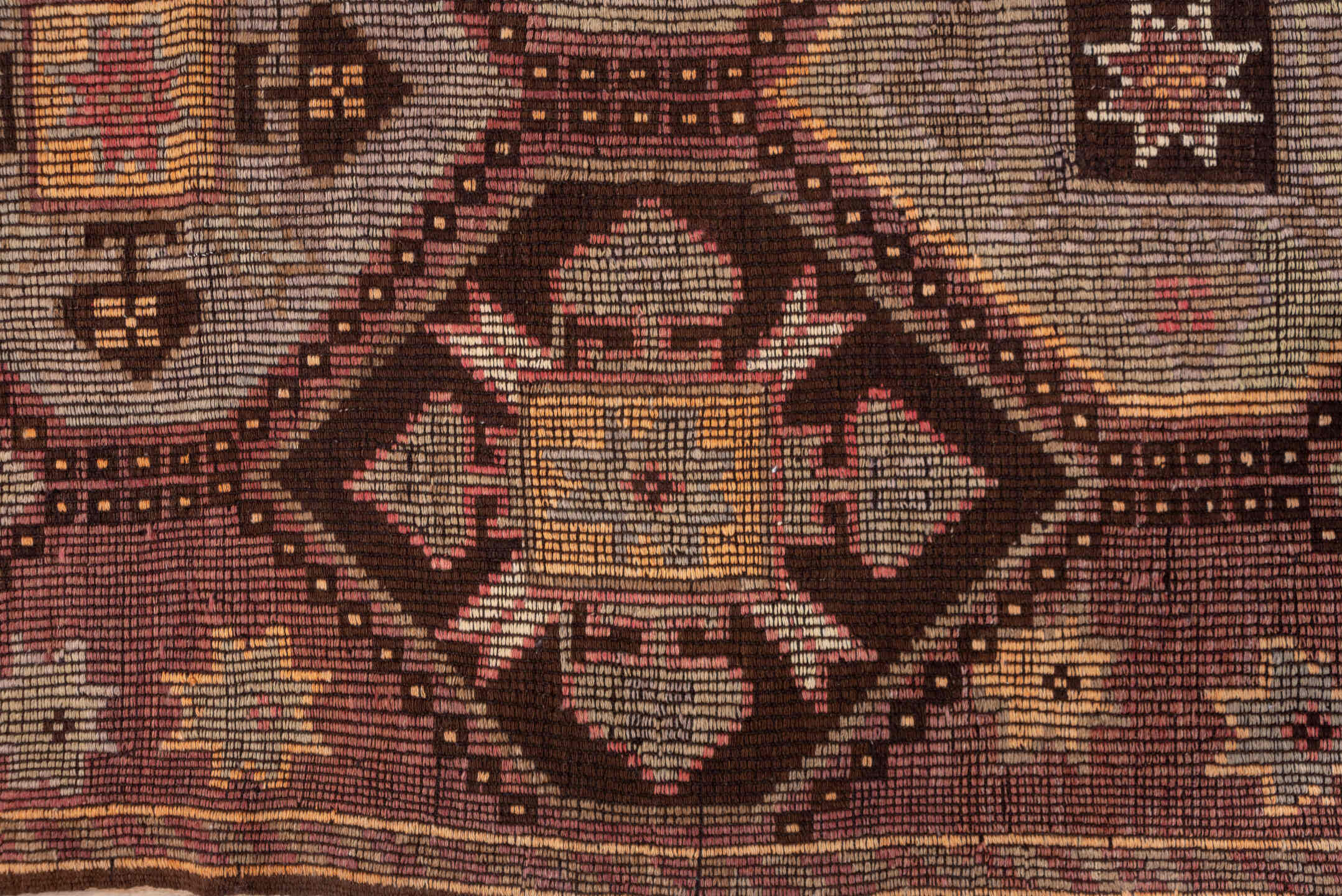 6' x 8' one-of-a-kind handmade vintage Jijim medium size rug. Color palette: brown, gray, light gray, pink, red, redwood