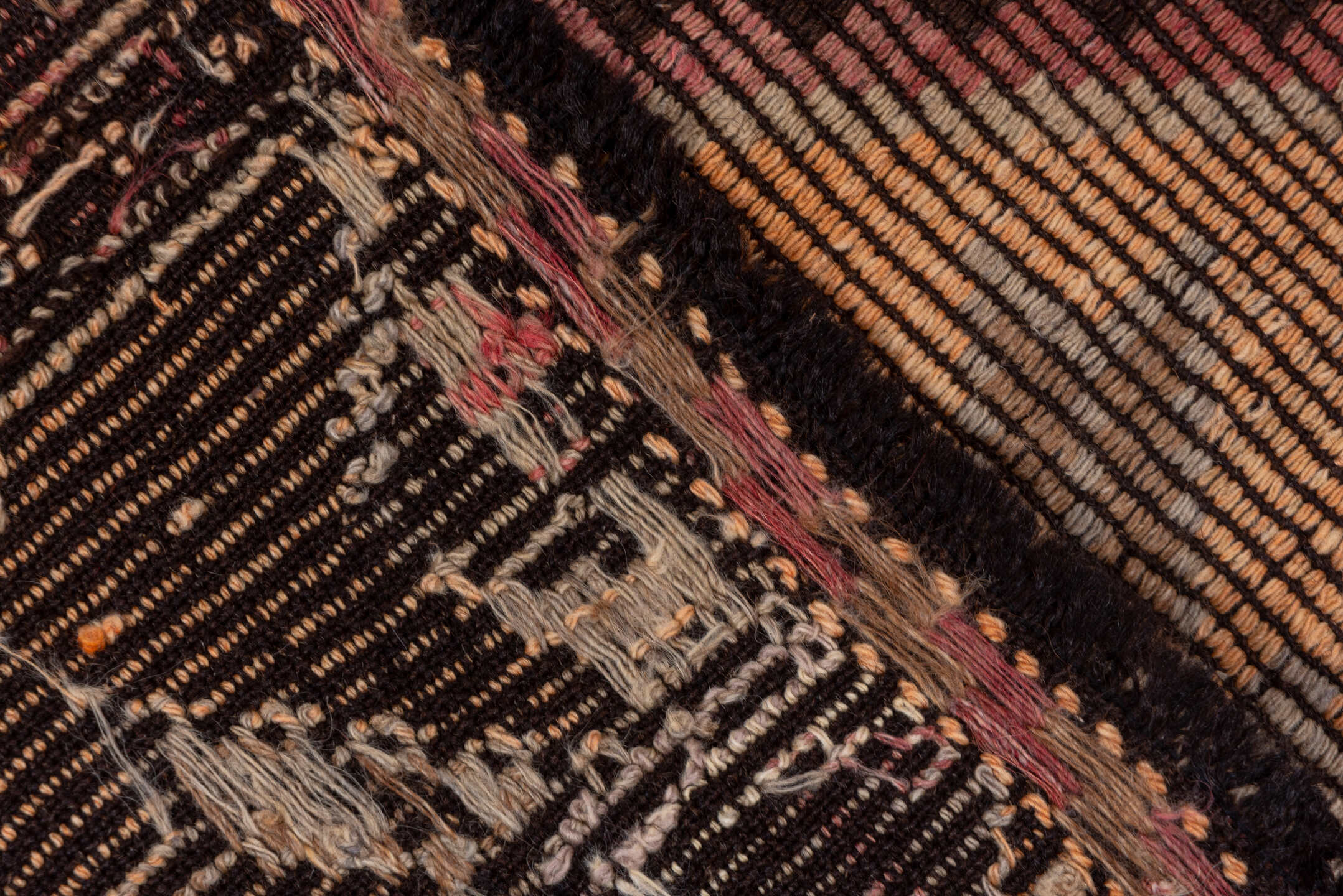 6' x 8' one-of-a-kind handmade vintage Jijim medium size rug. Color palette: brown, gray, light gray, pink, red, redwood