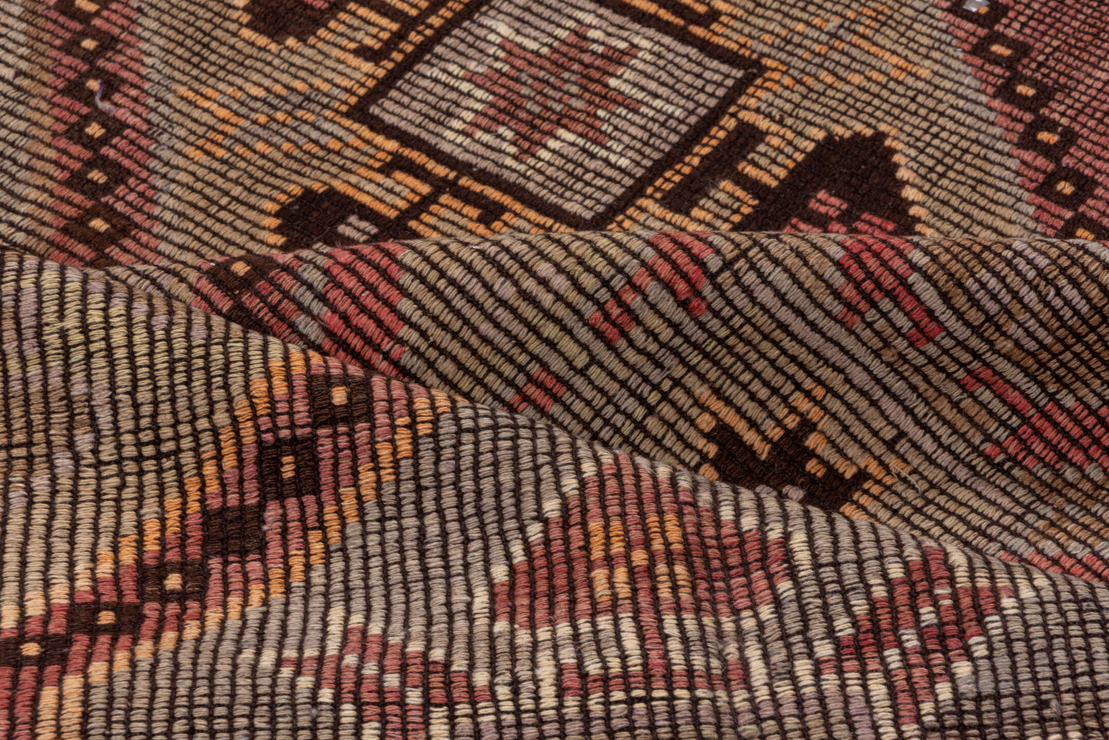 6' x 8' one-of-a-kind handmade vintage Jijim medium size rug. Color palette: brown, gray, light gray, pink, red, redwood