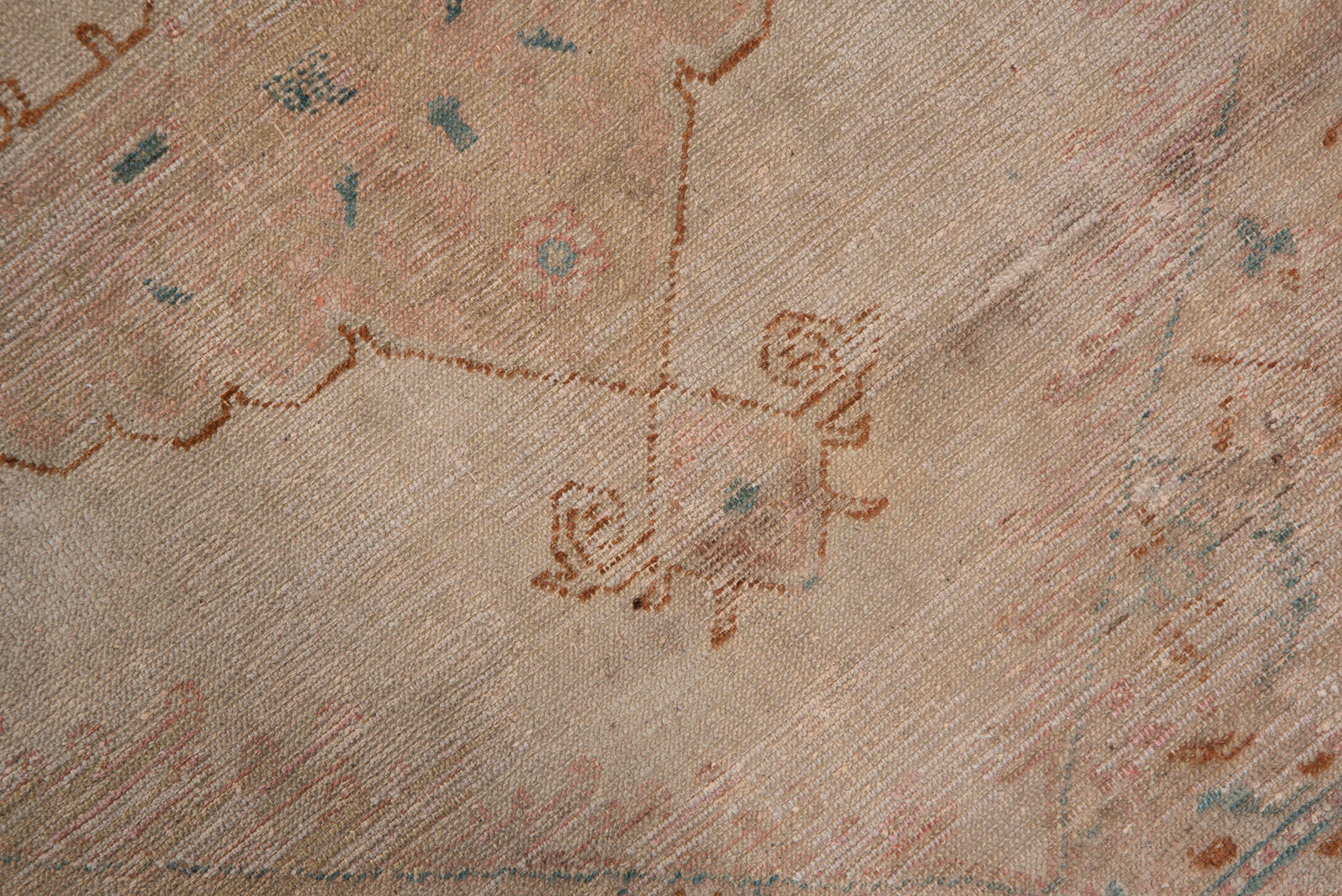 4' x 7' one-of-a-kind handmade antique Oushak rug. Color palette: blush, ivory, aqua, rust, taupe, sage, pink, teal