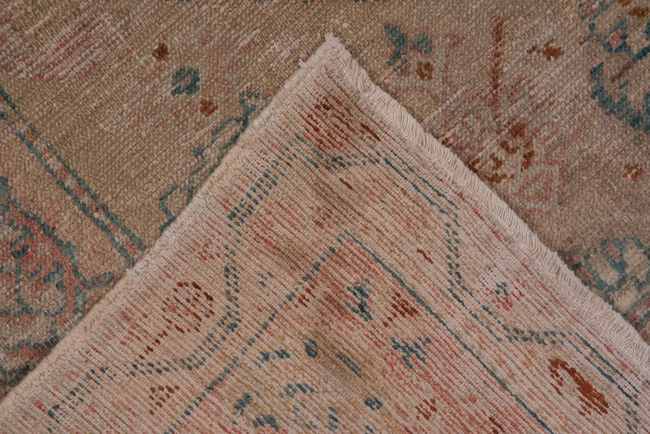 4' x 7' one-of-a-kind handmade antique Oushak rug. Color palette: blush, ivory, aqua, rust, taupe, sage, pink, teal