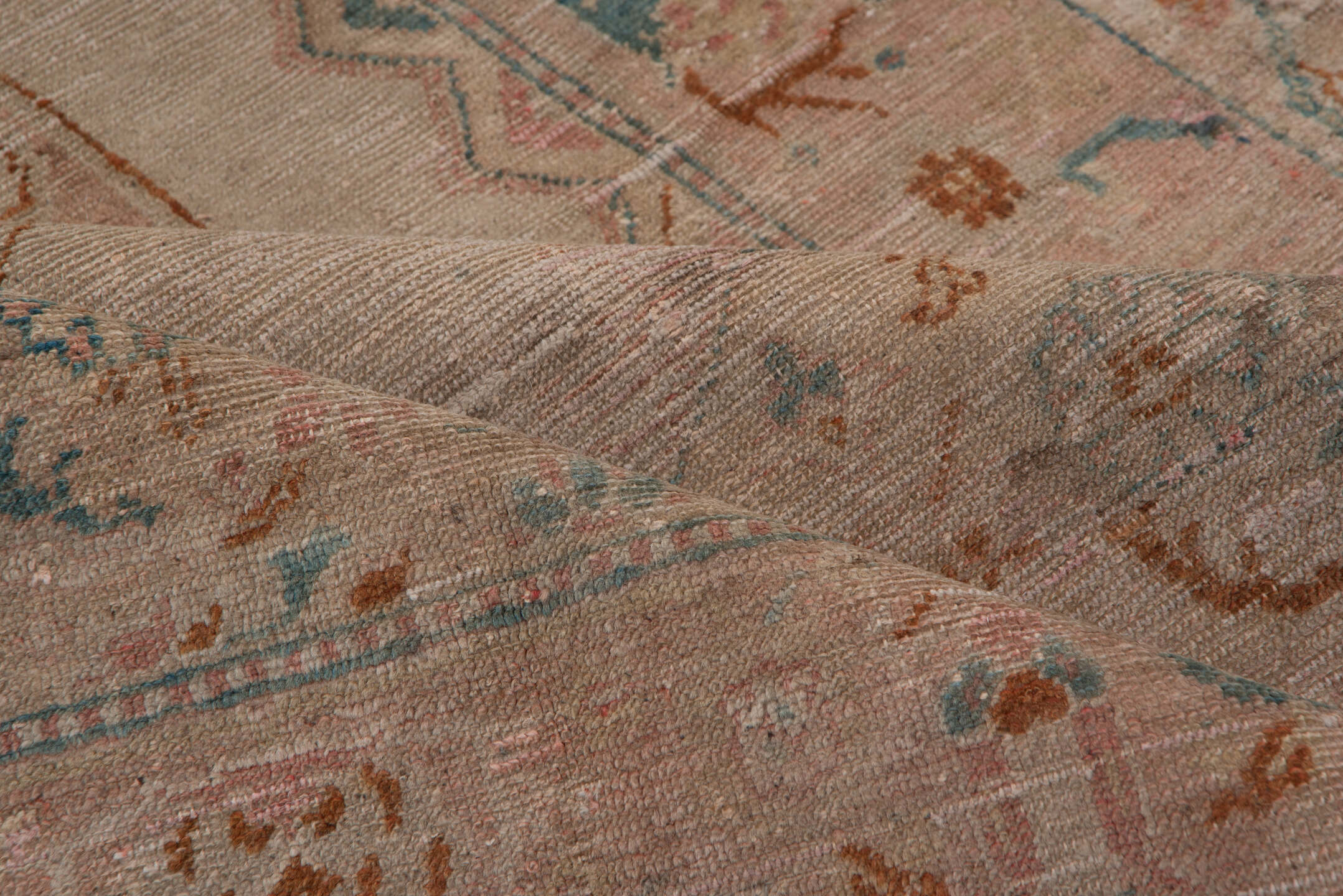4' x 7' one-of-a-kind handmade antique Oushak rug. Color palette: blush, ivory, aqua, rust, taupe, sage, pink, teal