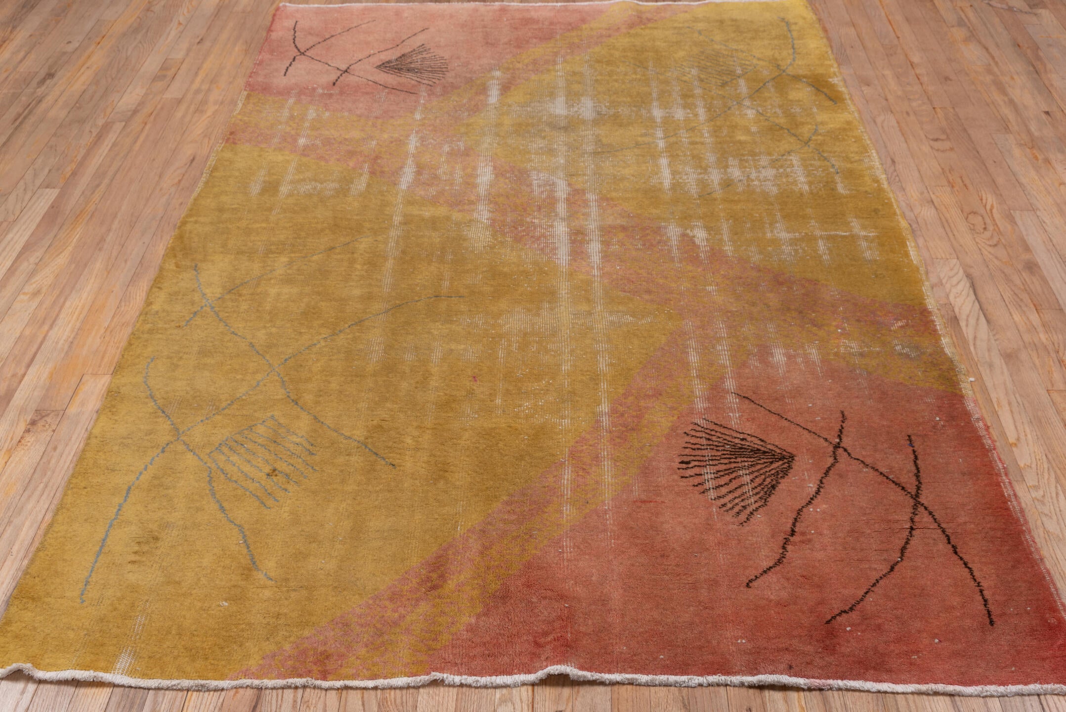5' x 8' one-of-a-kind handmade vintage Zeki Muran medium size rug. Color palette: gold, dusty_rose, ivory, taupe, charcoal