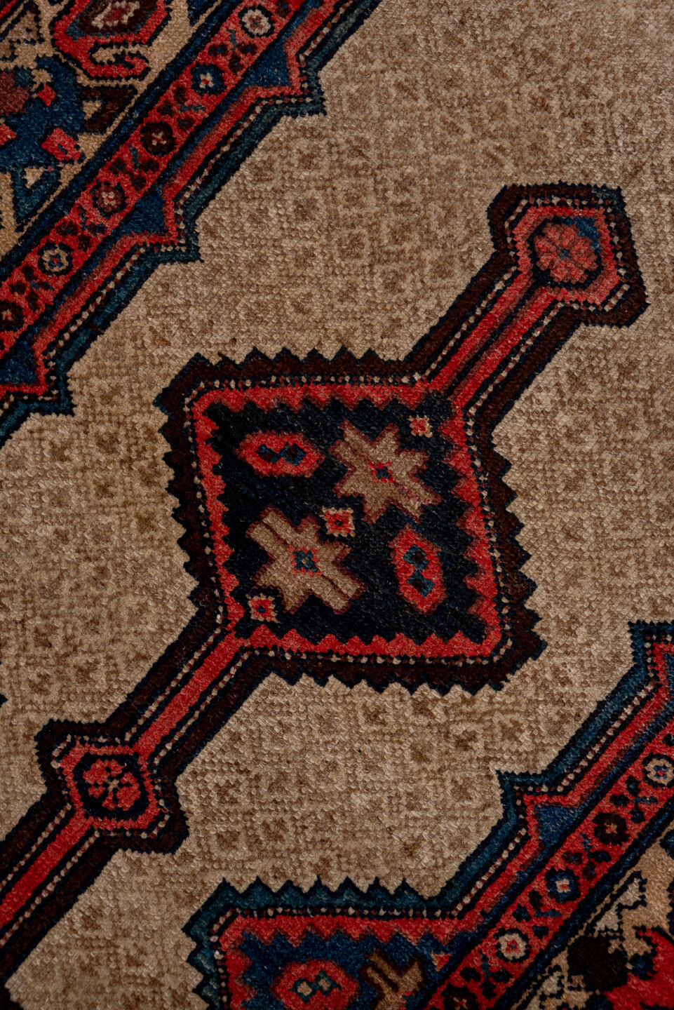 3' x 20' one-of-a-kind handmade antique Cam Hamadan runner rug. Color palette: camel, ivory, indigo, rust, navy, rose, brown