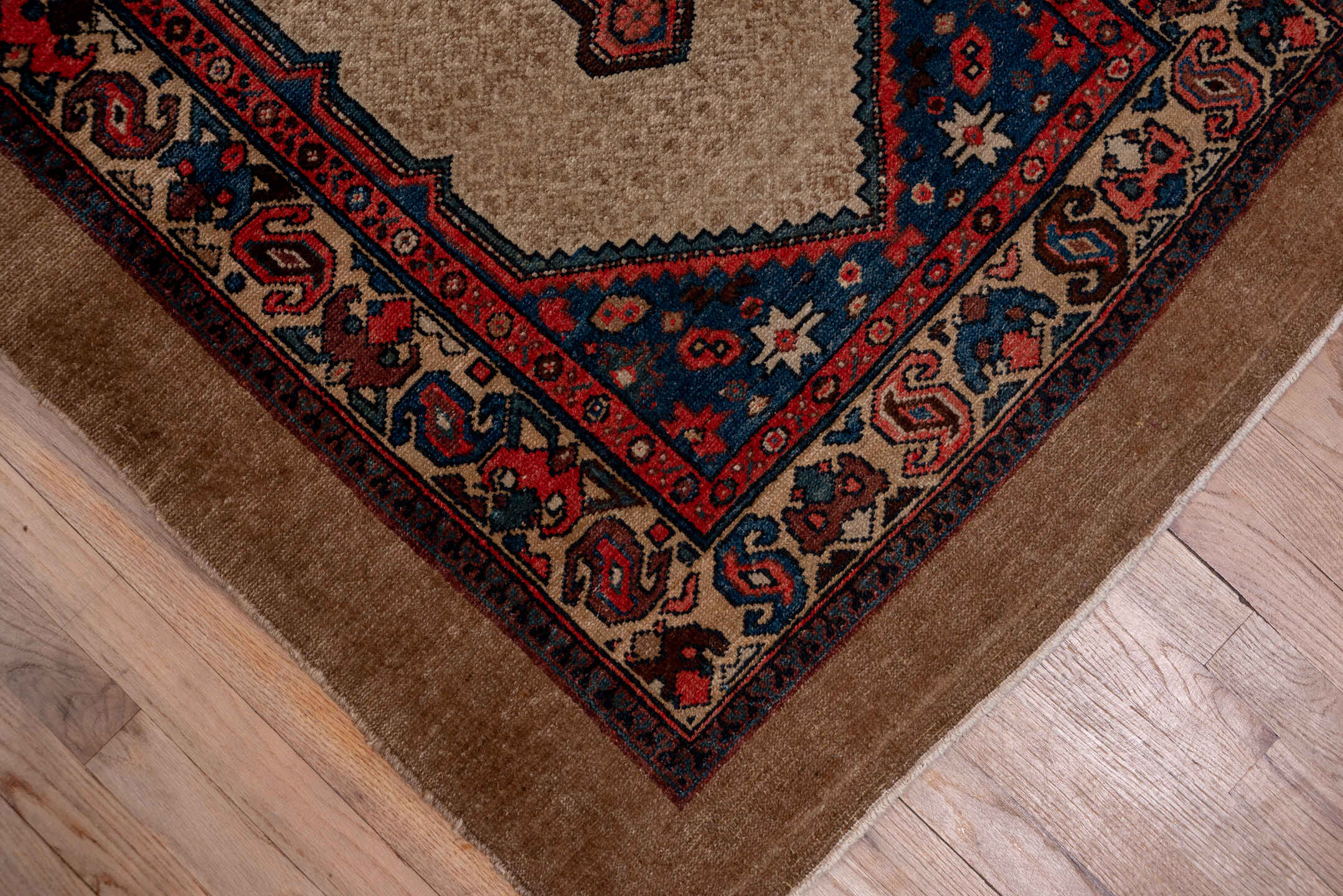 3' x 20' one-of-a-kind handmade antique Cam Hamadan runner rug. Color palette: camel, ivory, indigo, rust, navy, rose, brown
