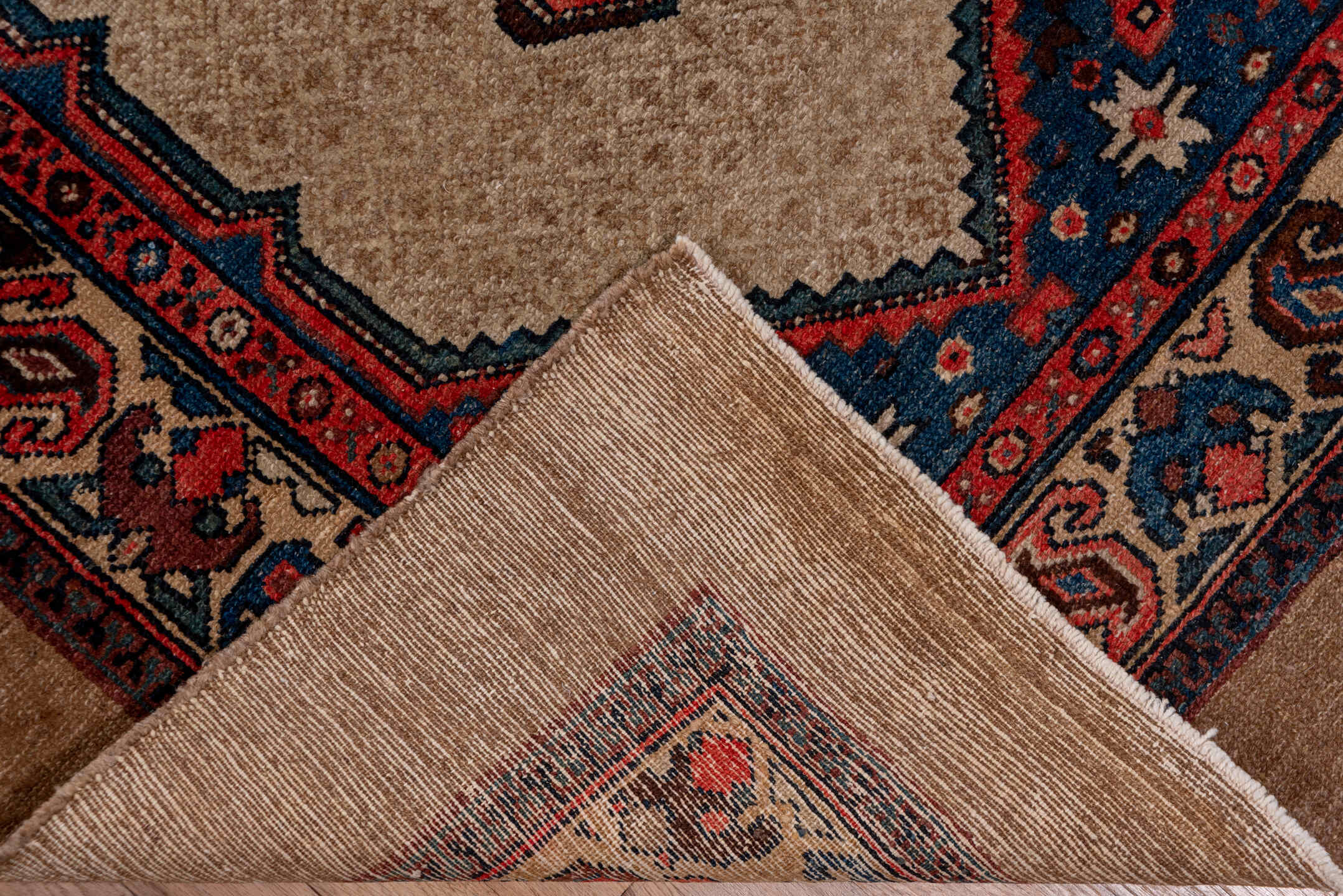 3' x 20' one-of-a-kind handmade antique Cam Hamadan runner rug. Color palette: camel, ivory, indigo, rust, navy, rose, brown