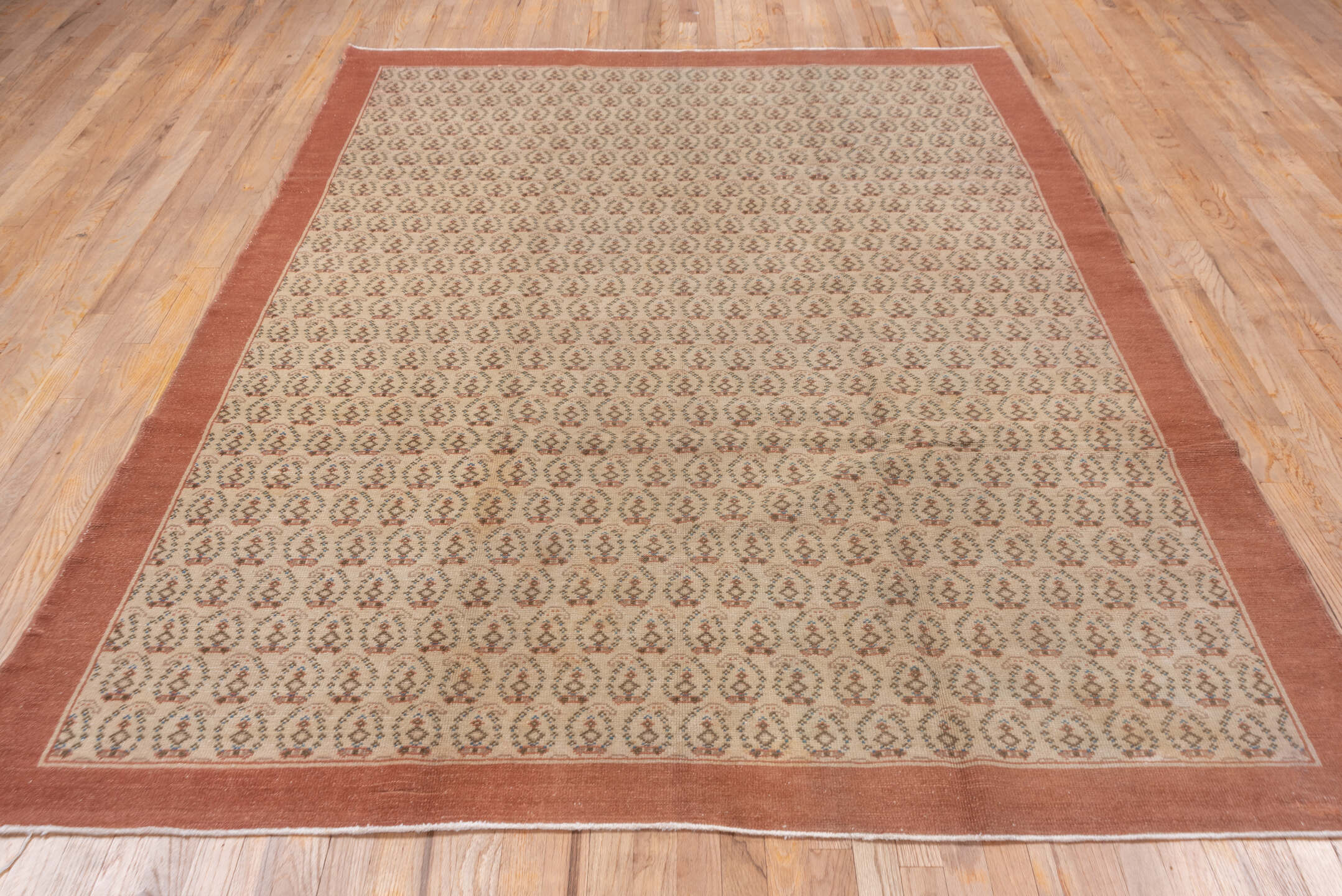 6' x 9' one-of-a-kind handmade vintage Oushak medium size rug. Color palette: dusty rose, ivory, taupe, brown, charcoal