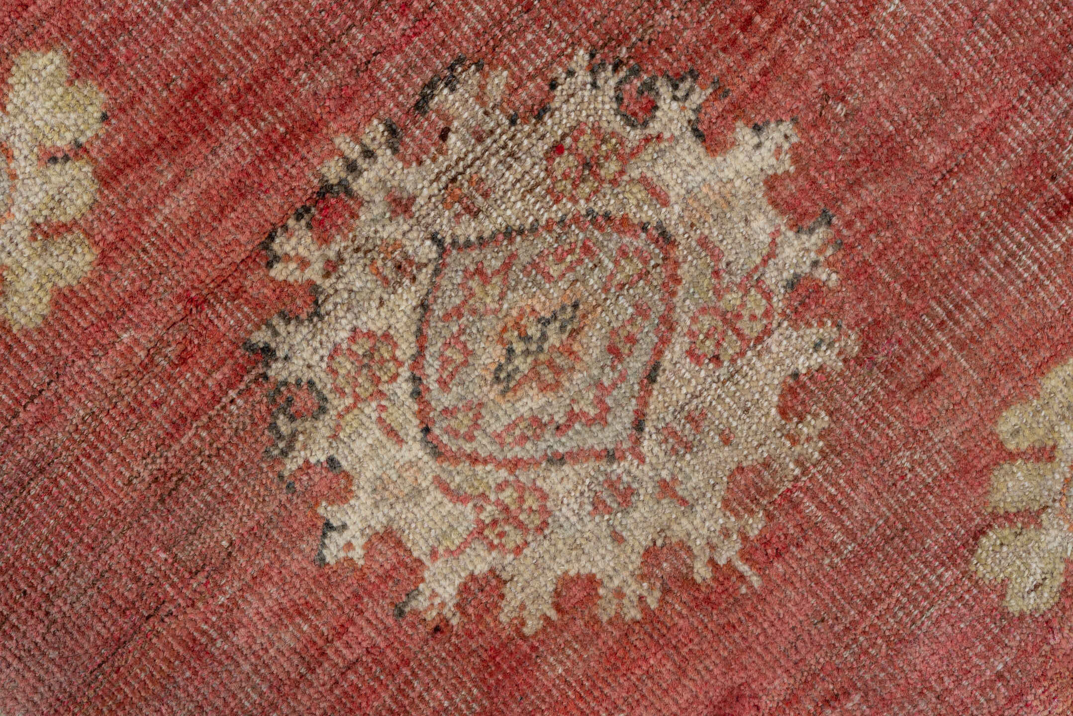 4' x 12' one-of-a-kind handmade vintage Oushak runner rug. Color palette: coral, ivory, rust, camel, brown, charcoal