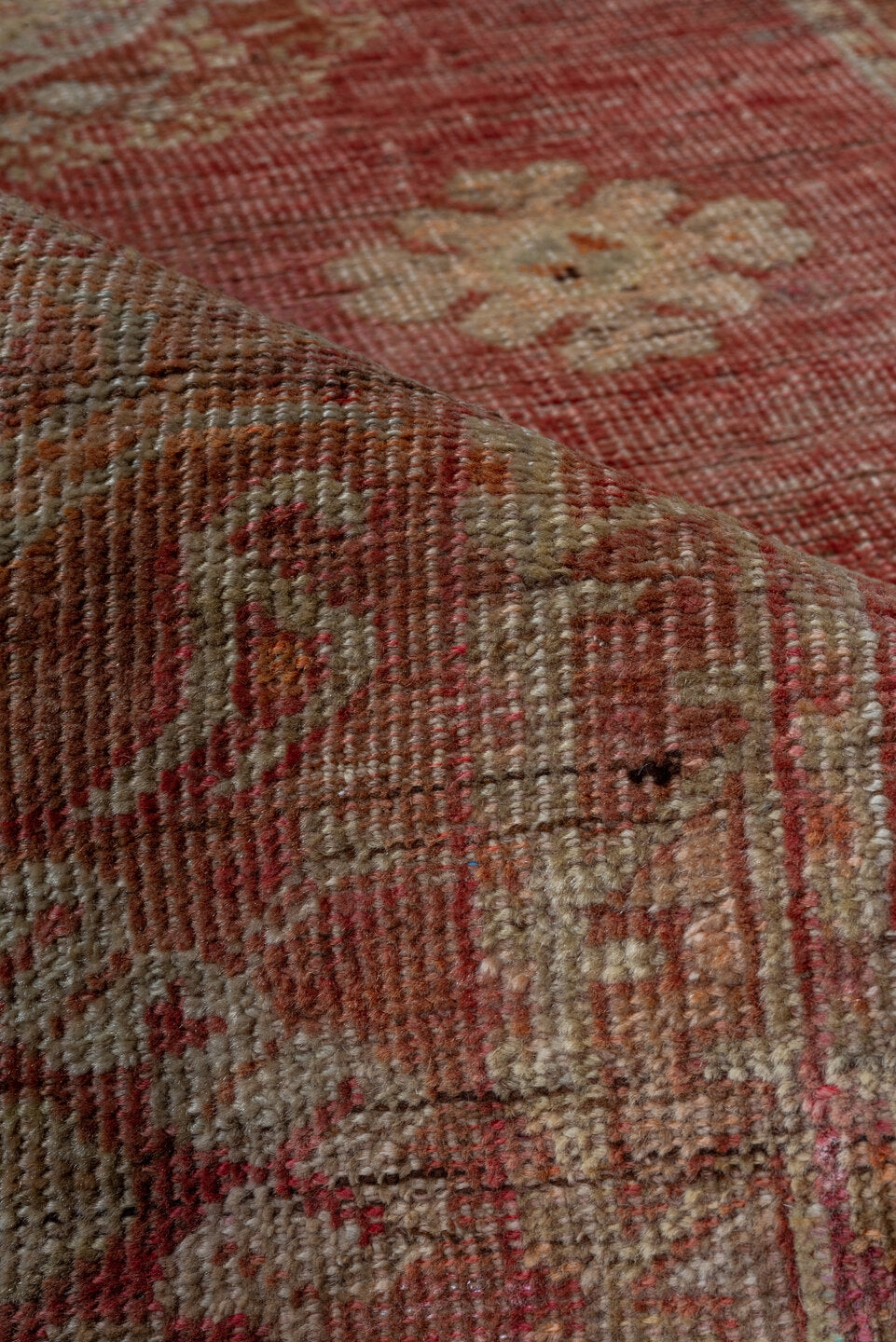 4' x 12' one-of-a-kind handmade vintage Oushak runner rug. Color palette: brown, maroon, pink, red