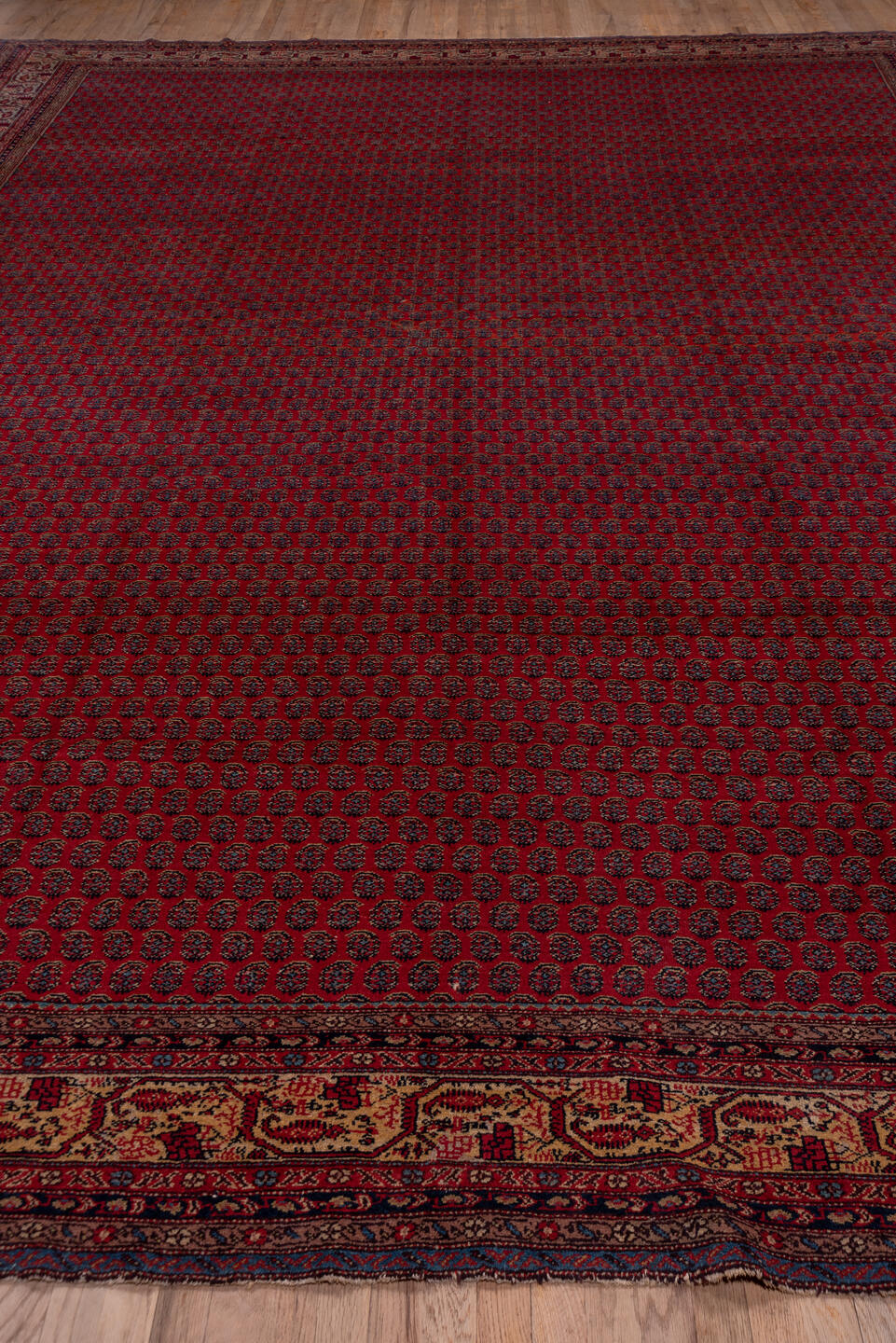 12' x 16' one-of-a-kind handmade antique Saraband oversize rug. Color palette: red, navy, ivory, burgundy, rust, camel, blue