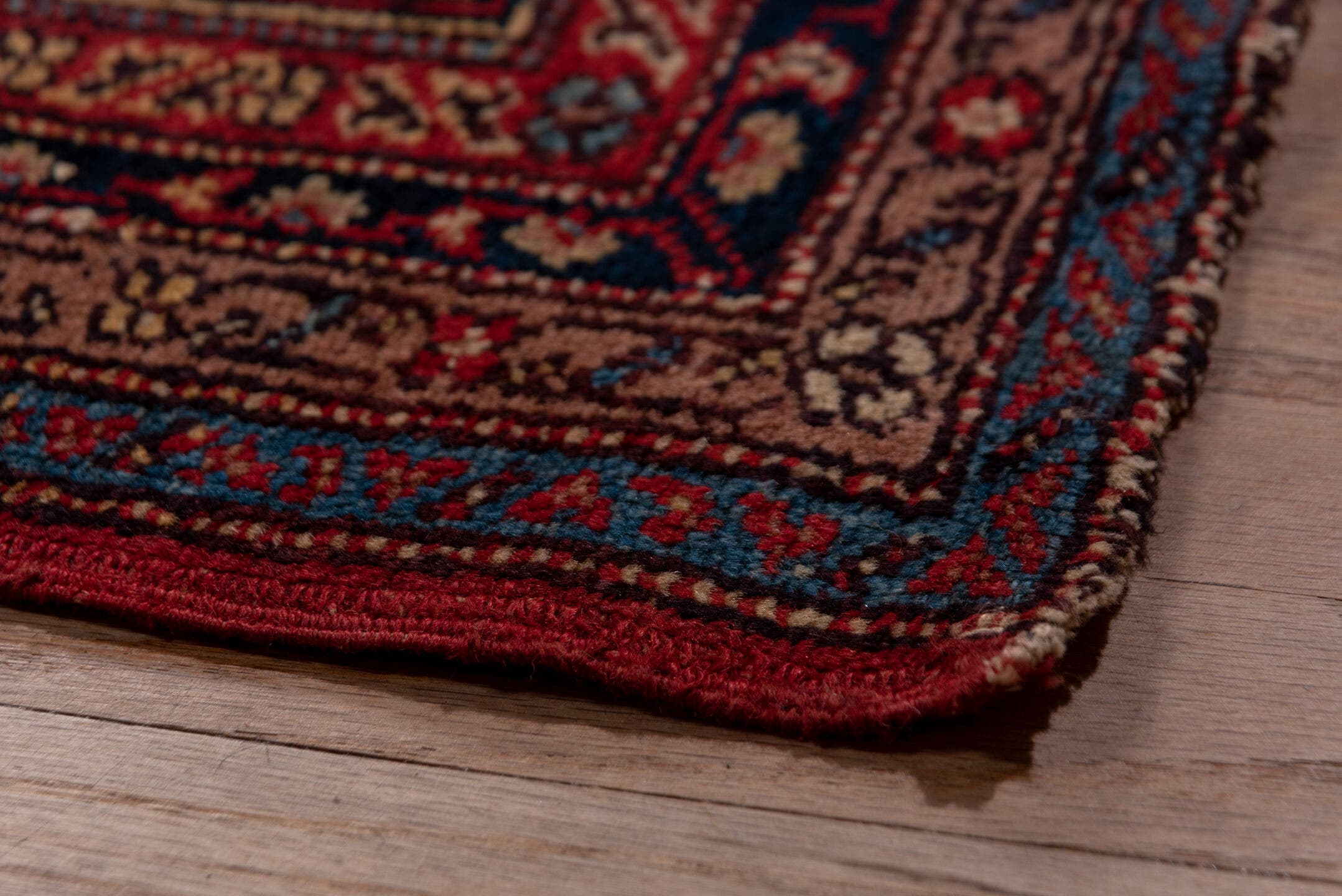 12' x 16' one-of-a-kind handmade antique Saraband oversize rug. Color palette: red, navy, ivory, burgundy, rust, camel, blue