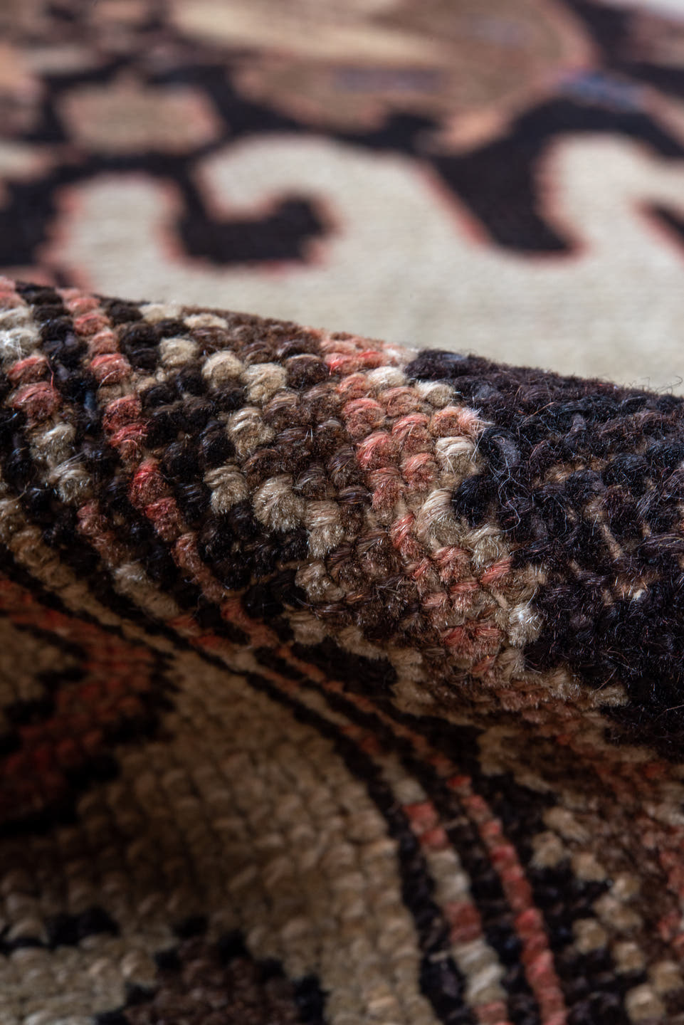 3' x 9' one-of-a-kind handmade antique Malayer runner rug. Color palette: brown, ivory, camel, indigo, rust, taupe, rose