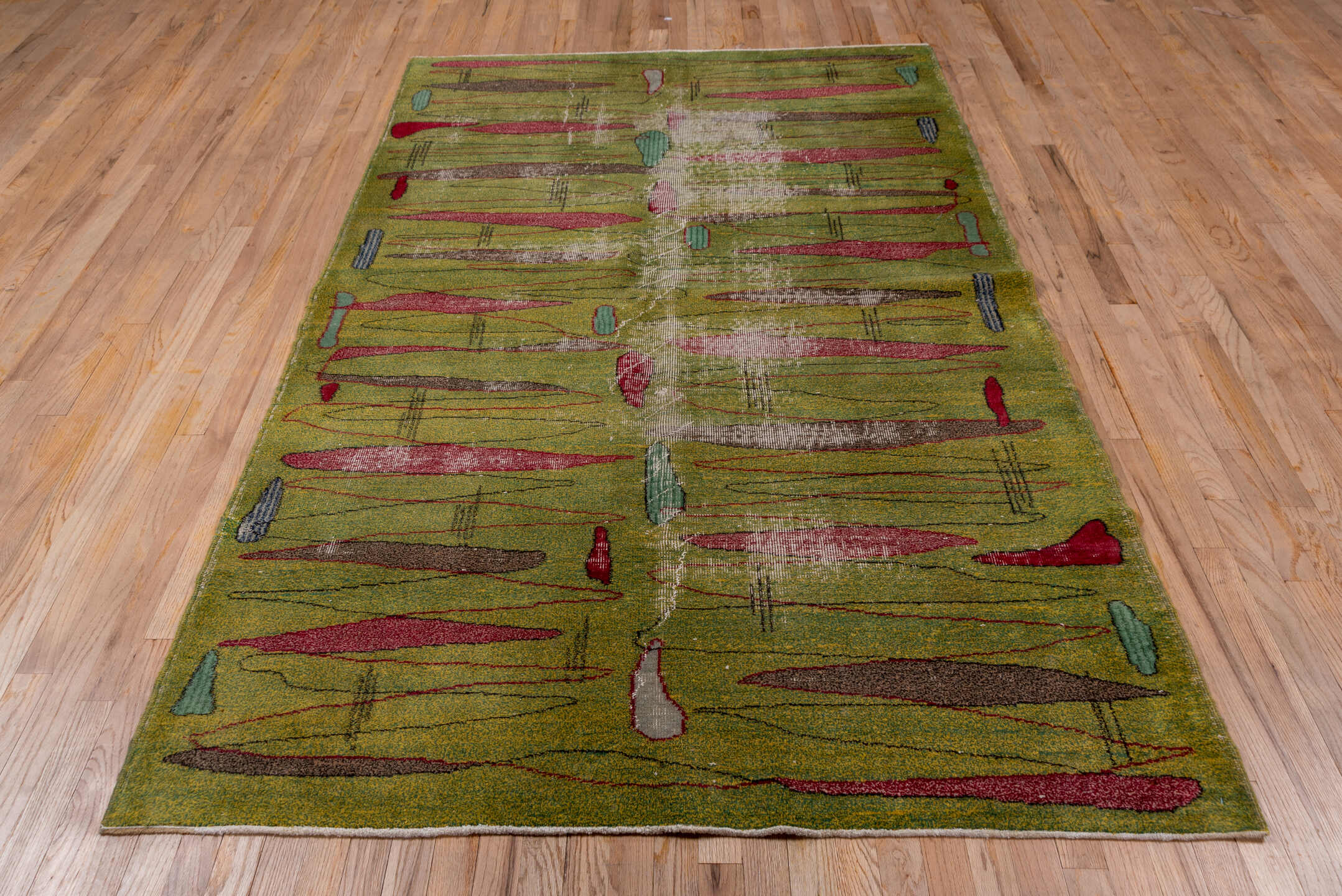 5' x 8' one-of-a-kind handmade vintage Art Deco medium size rug. Color palette: brown, gray, pink, red, redwood, wine