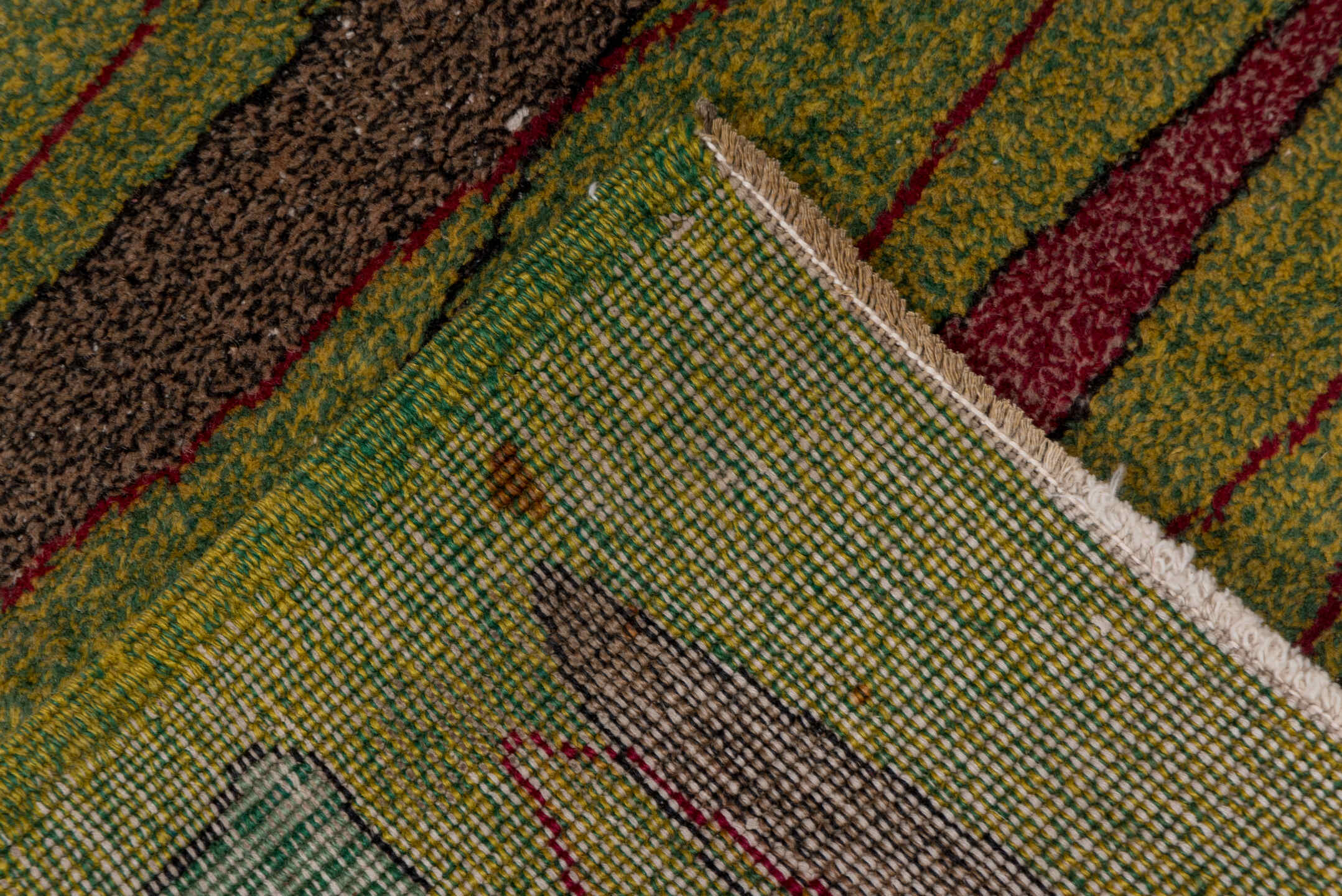 5' x 8' one-of-a-kind handmade vintage Art Deco medium size rug. Color palette: olive, rose, ivory, burgundy, taupe, teal