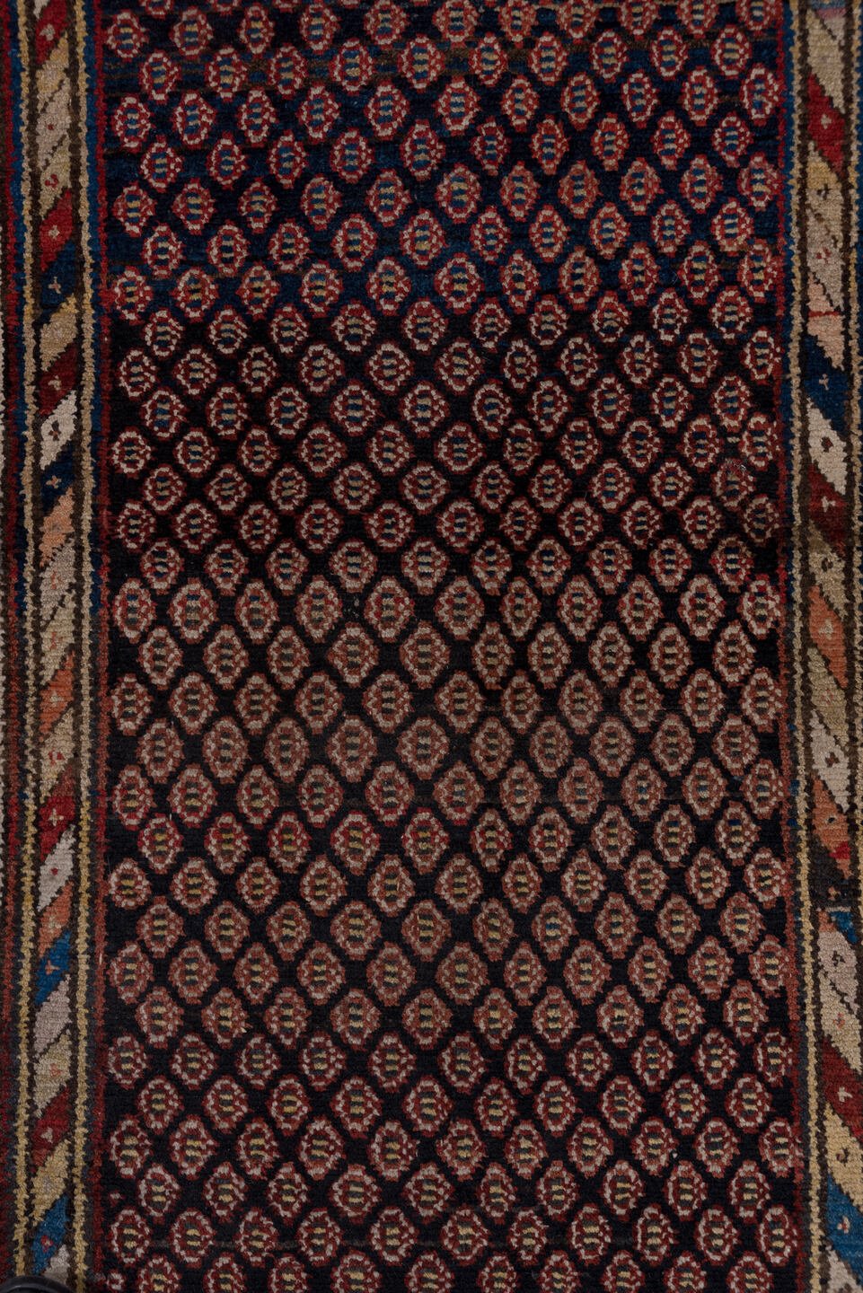 3' x 12' one-of-a-kind handmade vintage Malayer runner rug. Color palette: black, brown, gray, pink, red