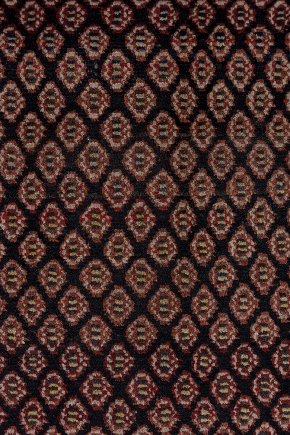 3' x 12' one-of-a-kind handmade vintage Malayer runner rug. Color palette: black, brown, gray, pink, red