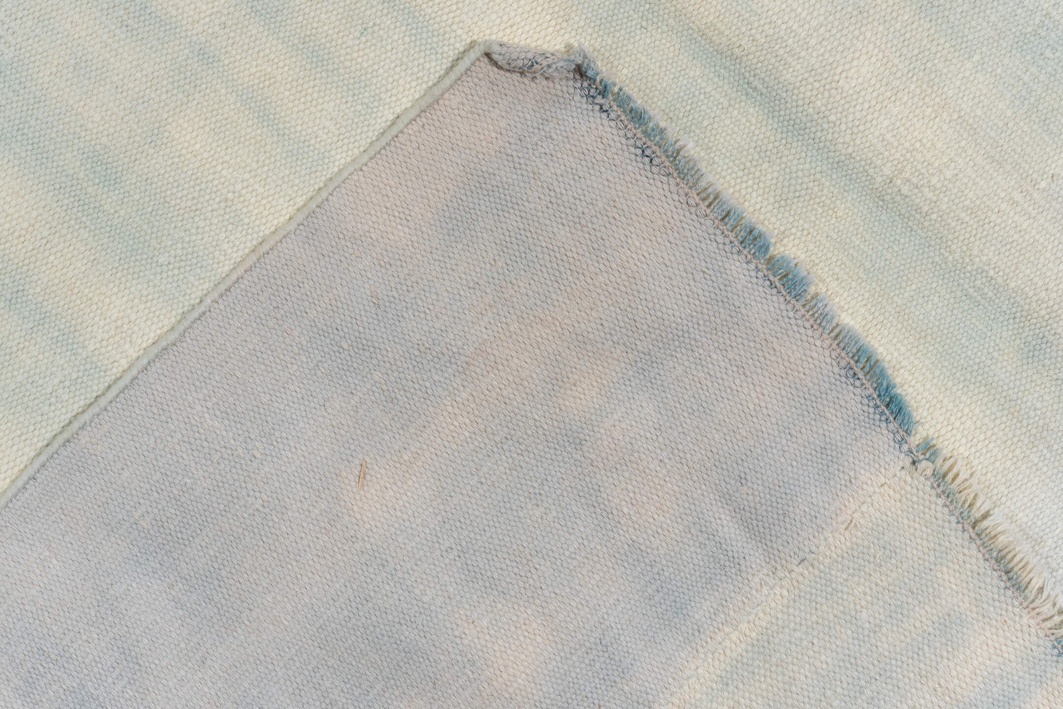 9' x 14' one-of-a-kind handmade antique Dhurrie large size rug. Color palette: ivory, pale blue, sky blue, light blue