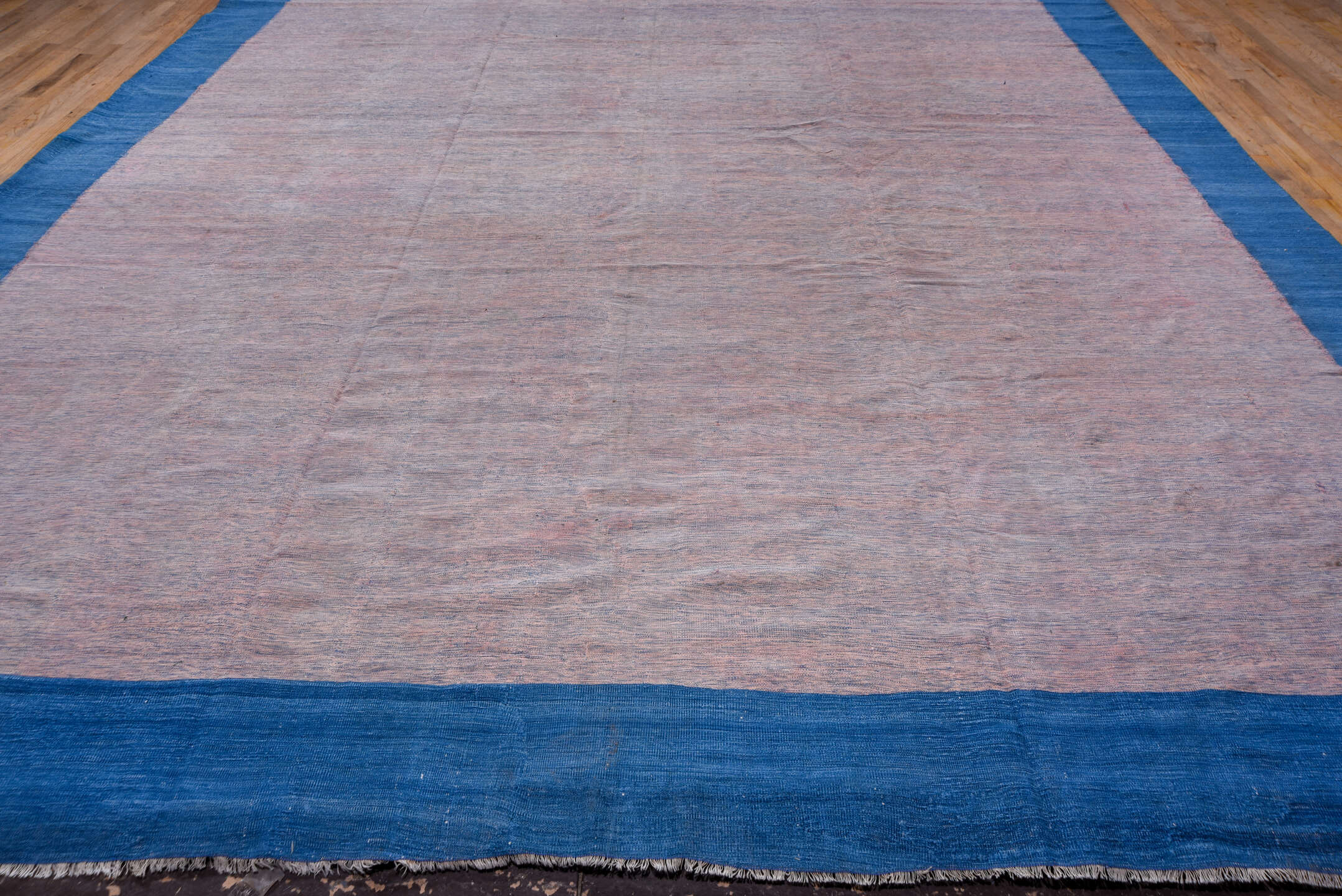 12' x 19' one-of-a-kind handmade vintage Dhurrie oversize rug. Color palette: blue, gray, light gray, off-white, pink