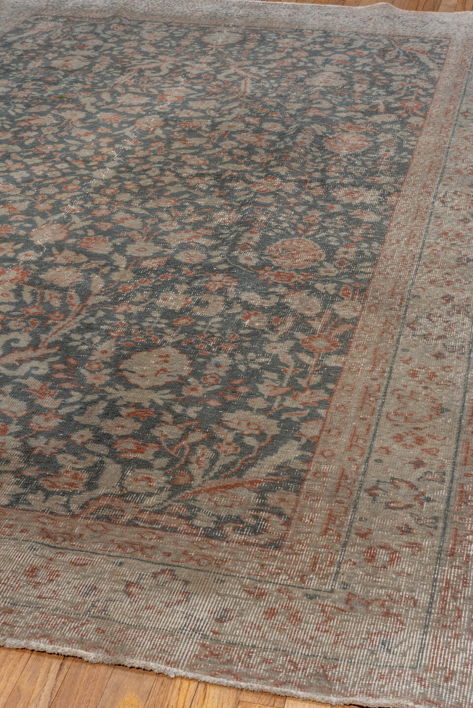 7' x 10' one-of-a-kind handmade vintage Oushak large size rug. Color palette: blue-gray, ivory, blush, taupe, rose, slate
