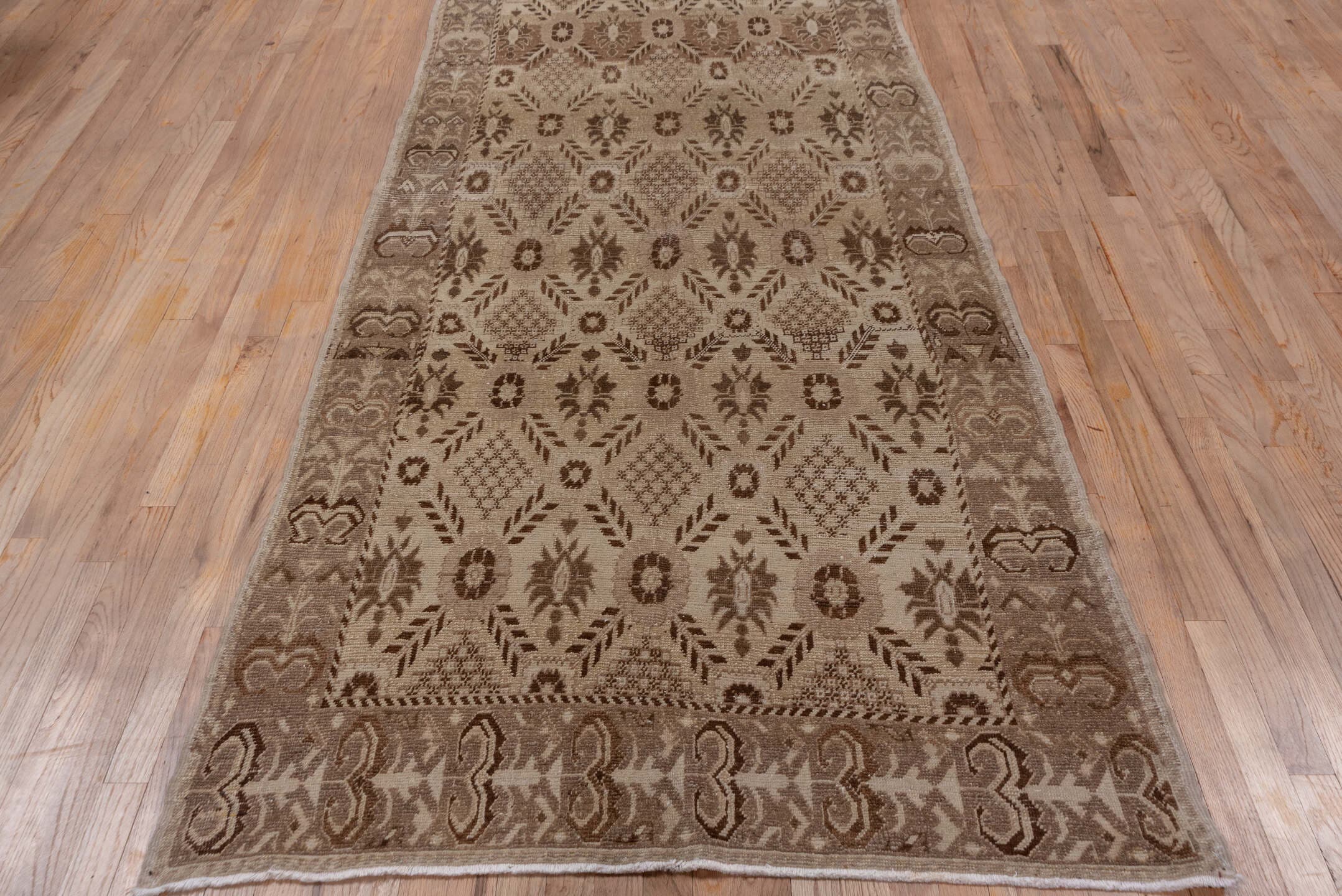 4' x 9' one-of-a-kind handmade vintage Oushak runner rug. Color palette: ivory, taupe, brown, beige, gray