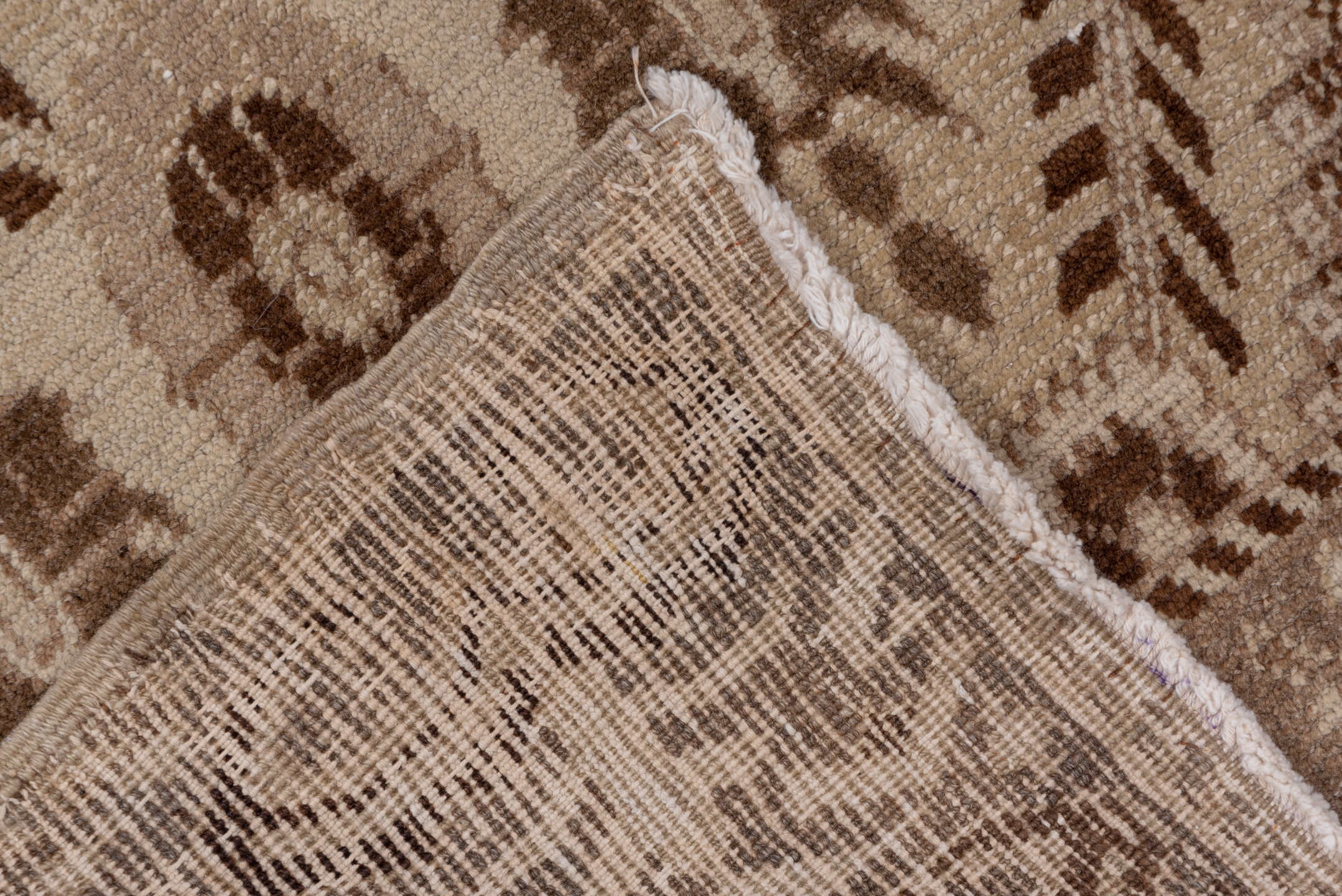 4' x 9' one-of-a-kind handmade vintage Oushak runner rug. Color palette: brown, gray, light gray, off-white, pink