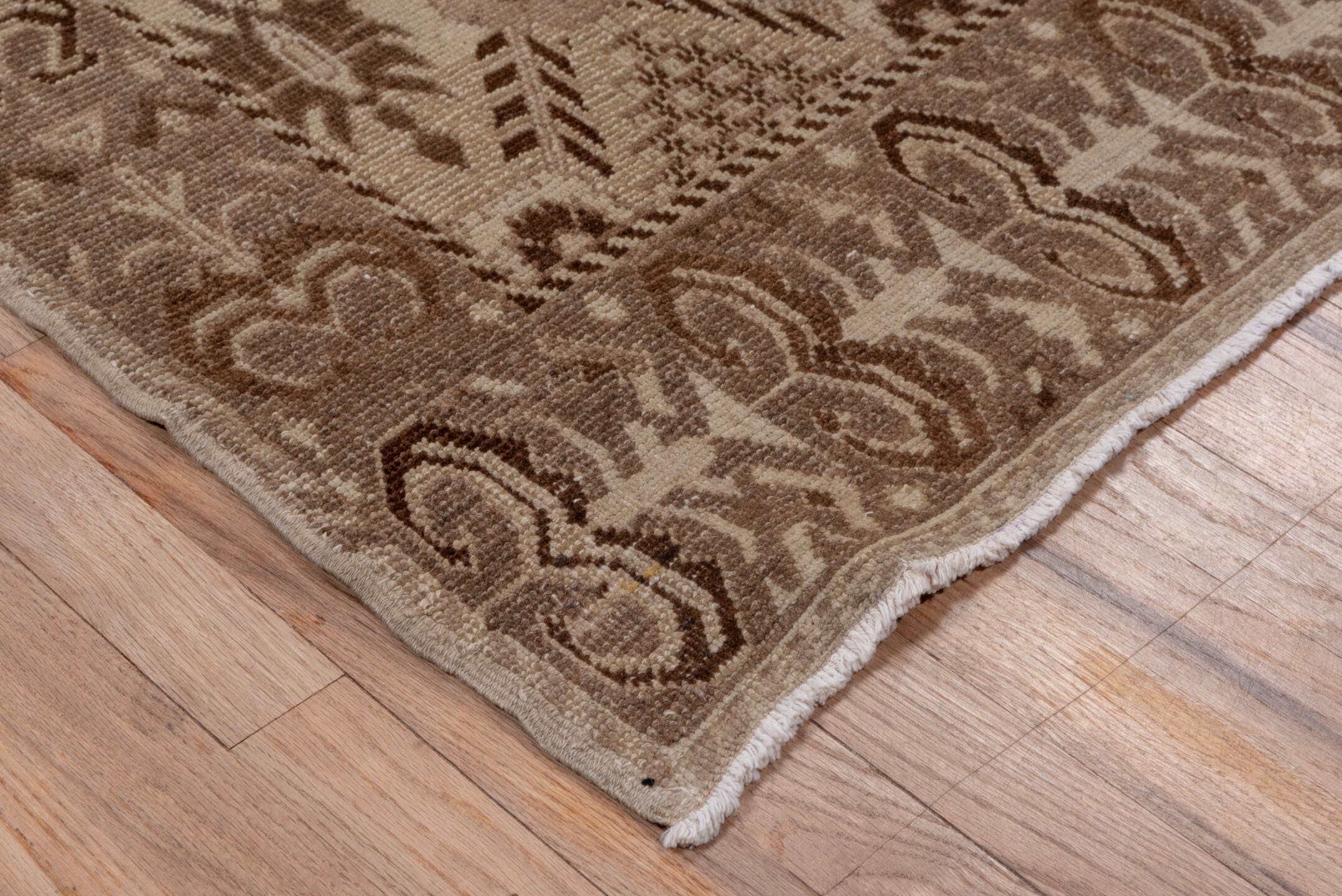 4' x 9' one-of-a-kind handmade vintage Oushak runner rug. Color palette: ivory, taupe, brown, beige, gray