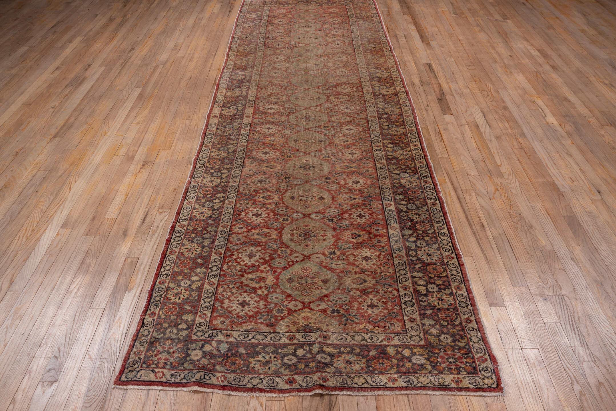 4' x 12' one-of-a-kind handmade vintage Oushak runner rug. Color palette: brown, gray, light gray, off-white, pink, red