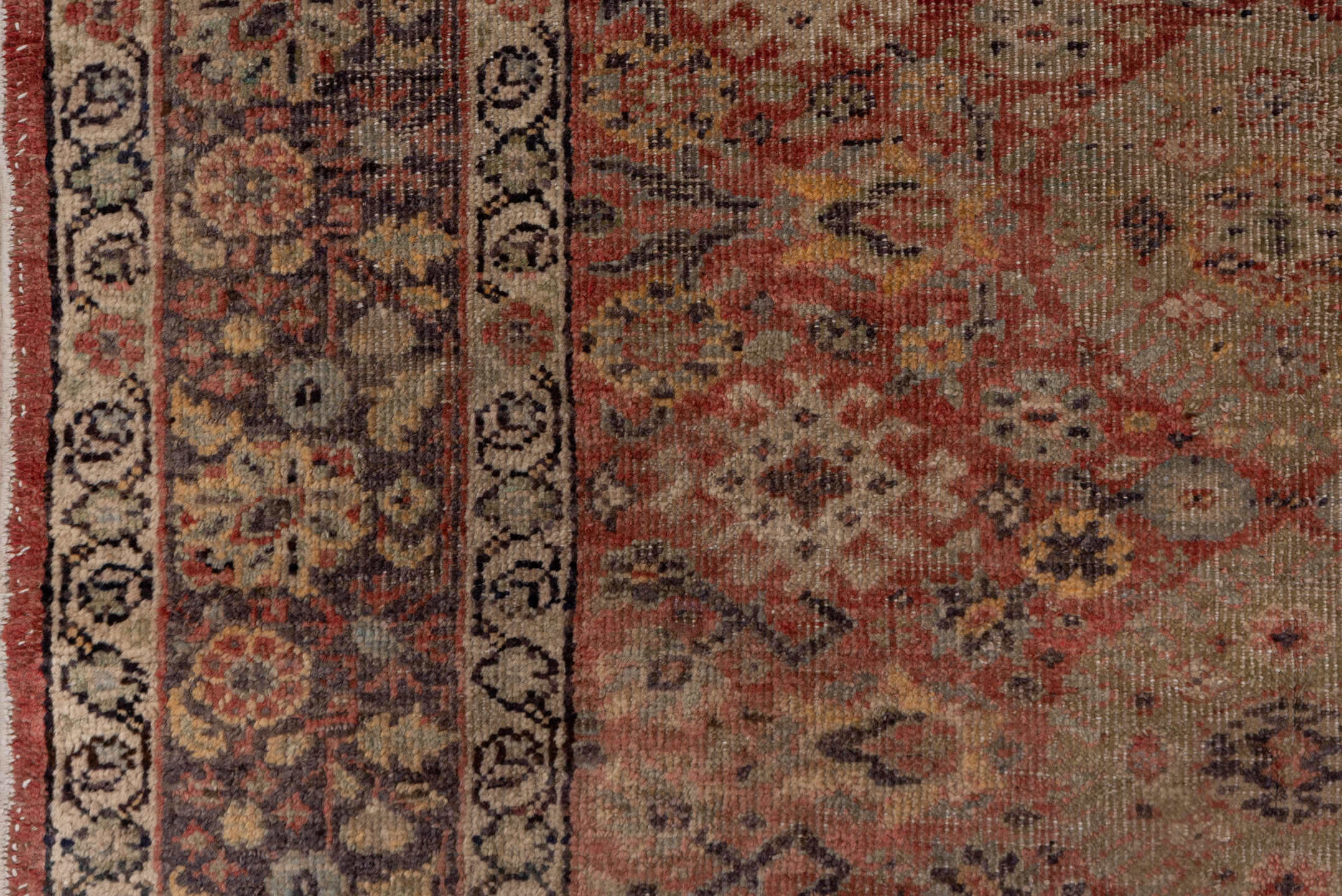 4' x 12' one-of-a-kind handmade vintage Oushak runner rug. Color palette: brown, gray, light gray, off-white, pink, red