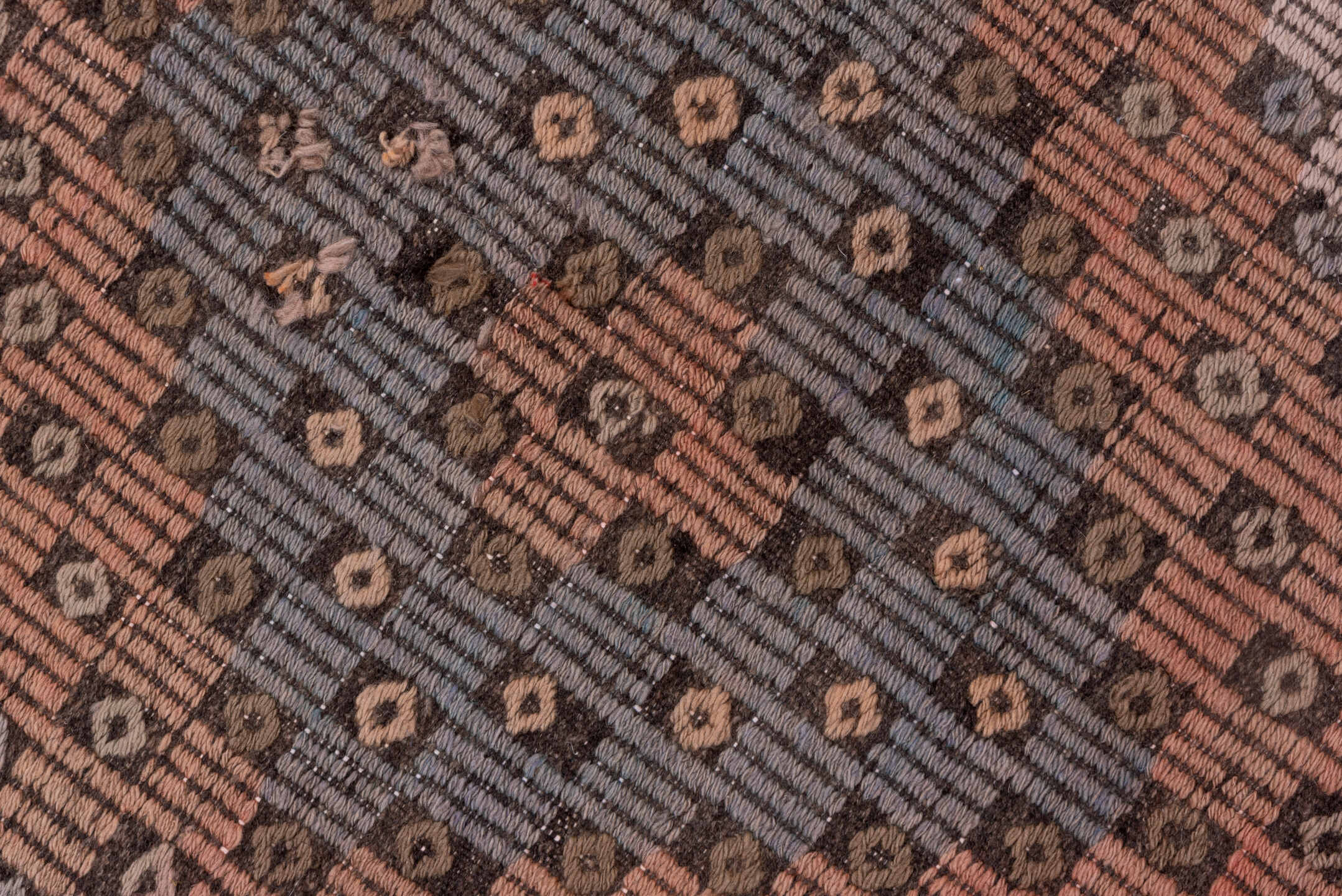 6' x 11' one-of-a-kind handmade vintage Jijim large size rug. Color palette: brown, rust, slate, ivory, charcoal, blue