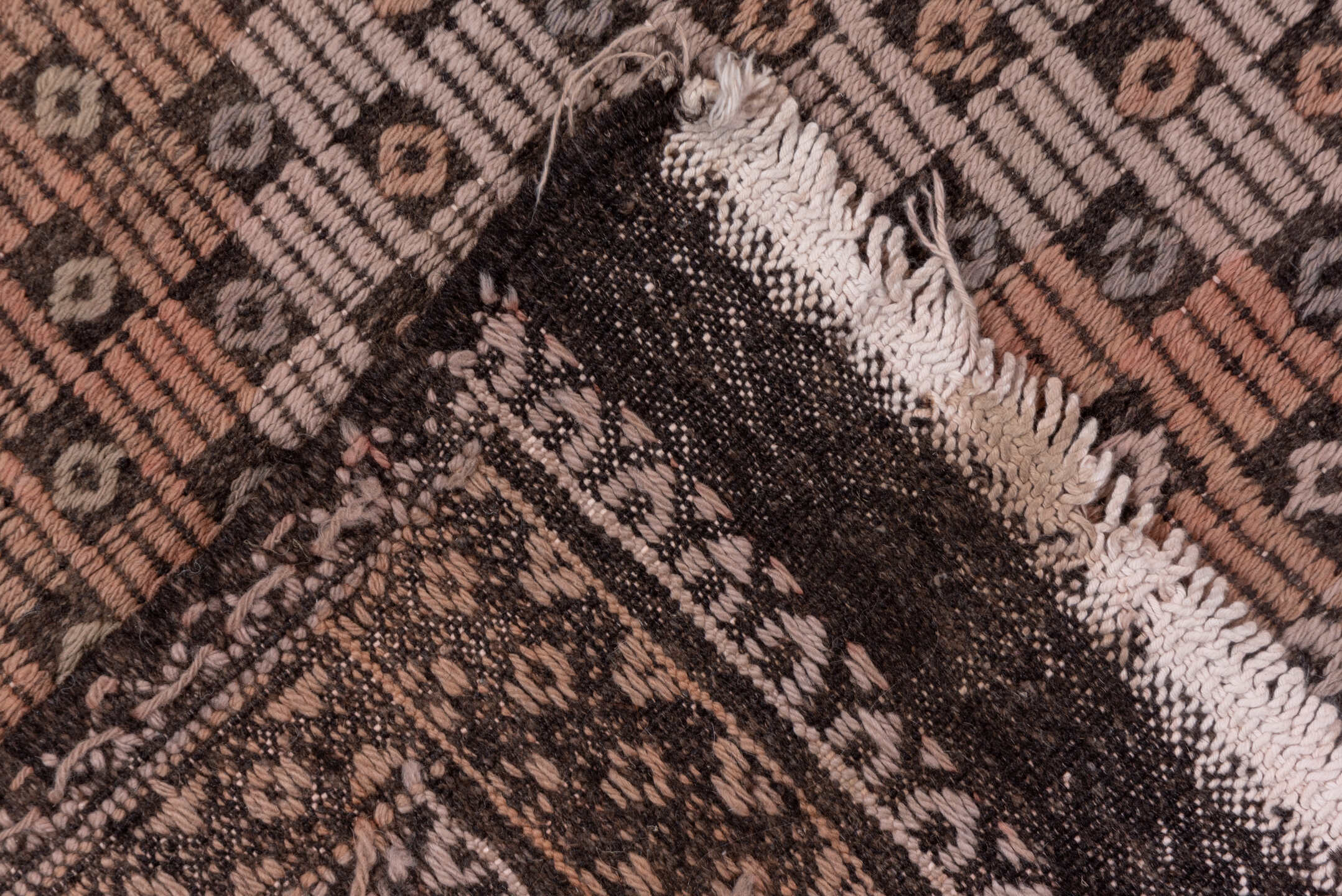 6' x 11' one-of-a-kind handmade vintage Jijim large size rug. Color palette: brown, rust, slate, ivory, charcoal, blue