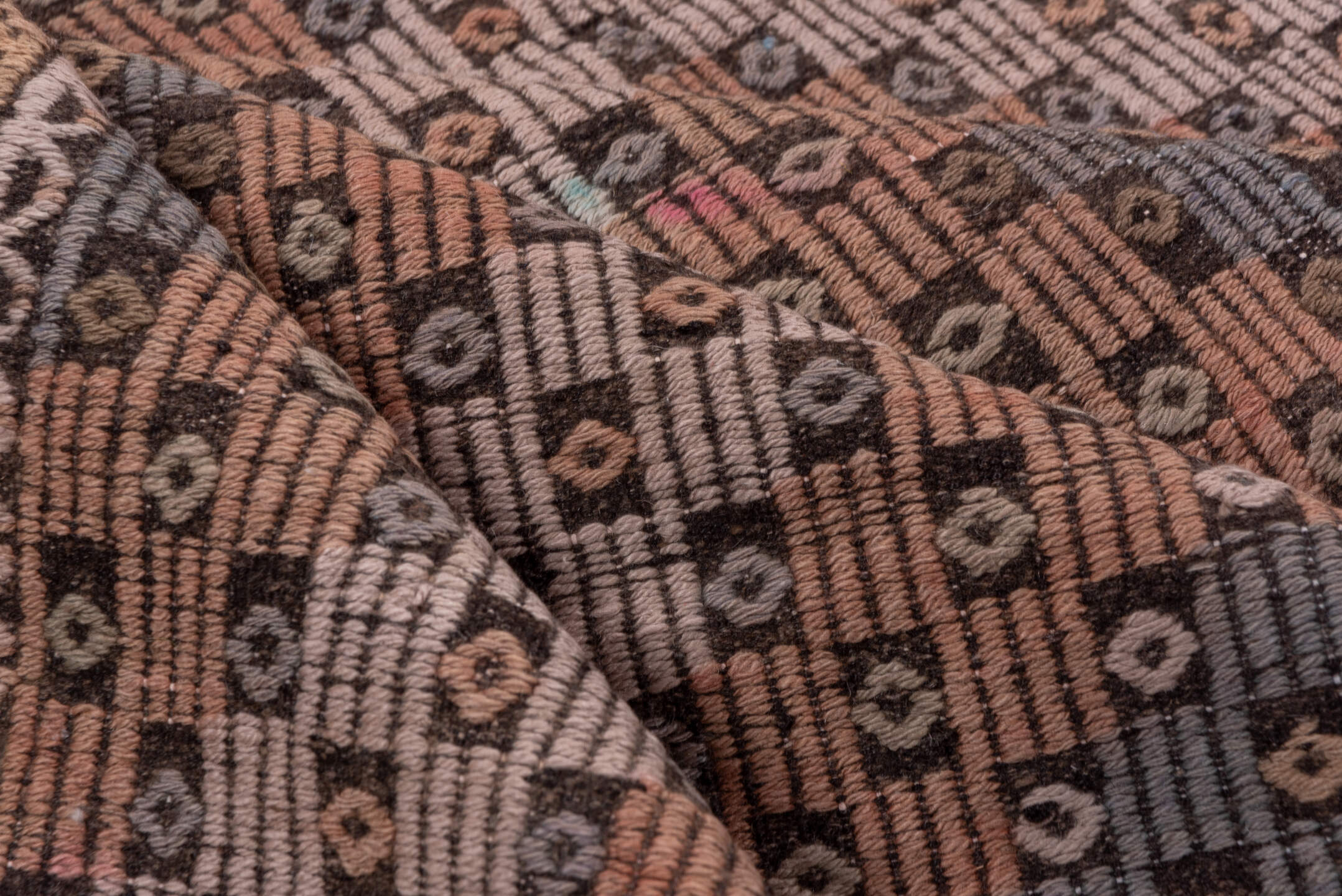 6' x 11' one-of-a-kind handmade vintage Jijim large size rug. Color palette: brown, rust, slate, ivory, charcoal, blue