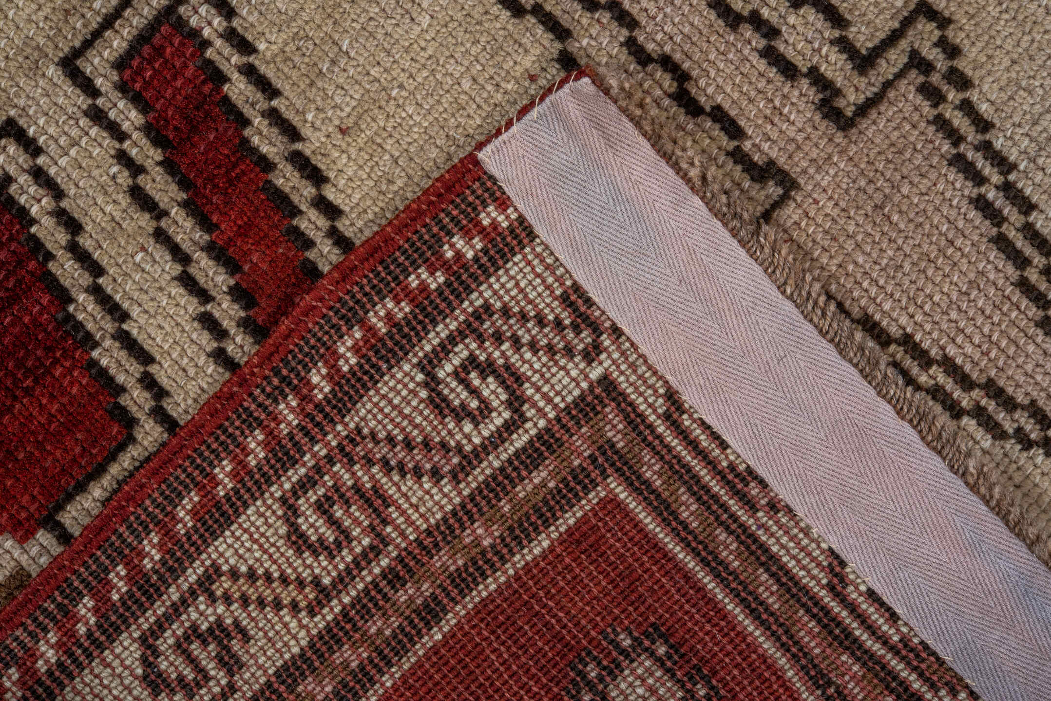 2' x 7' one-of-a-kind handmade vintage Trans Caucasian runner rug. Color palette: brown, off-white, pink, red, snow, white