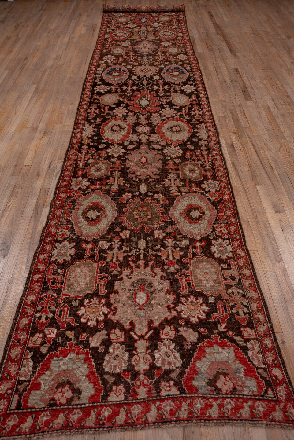 3' x 18' one-of-a-kind handmade antique Karabagh runner rug. Color palette: brown, rust, ivory, rose, terra cotta, charcoal