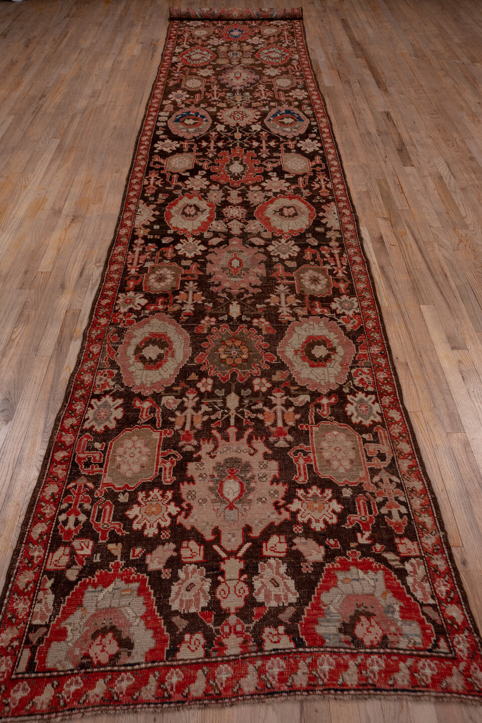 3' x 18' one-of-a-kind handmade vintage Karabagh runner rug. Color palette: brown, gray, pink, red